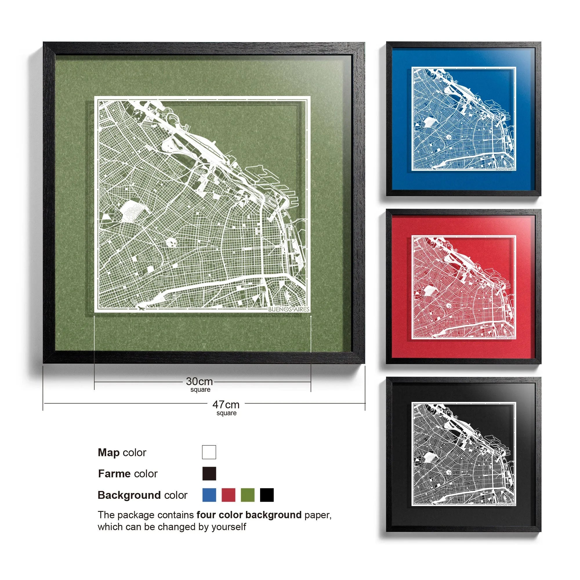 o3designstudio Buenos Aires-Paper-cut-map-framed-18-inch-White map / Black frame-45MF2306BW