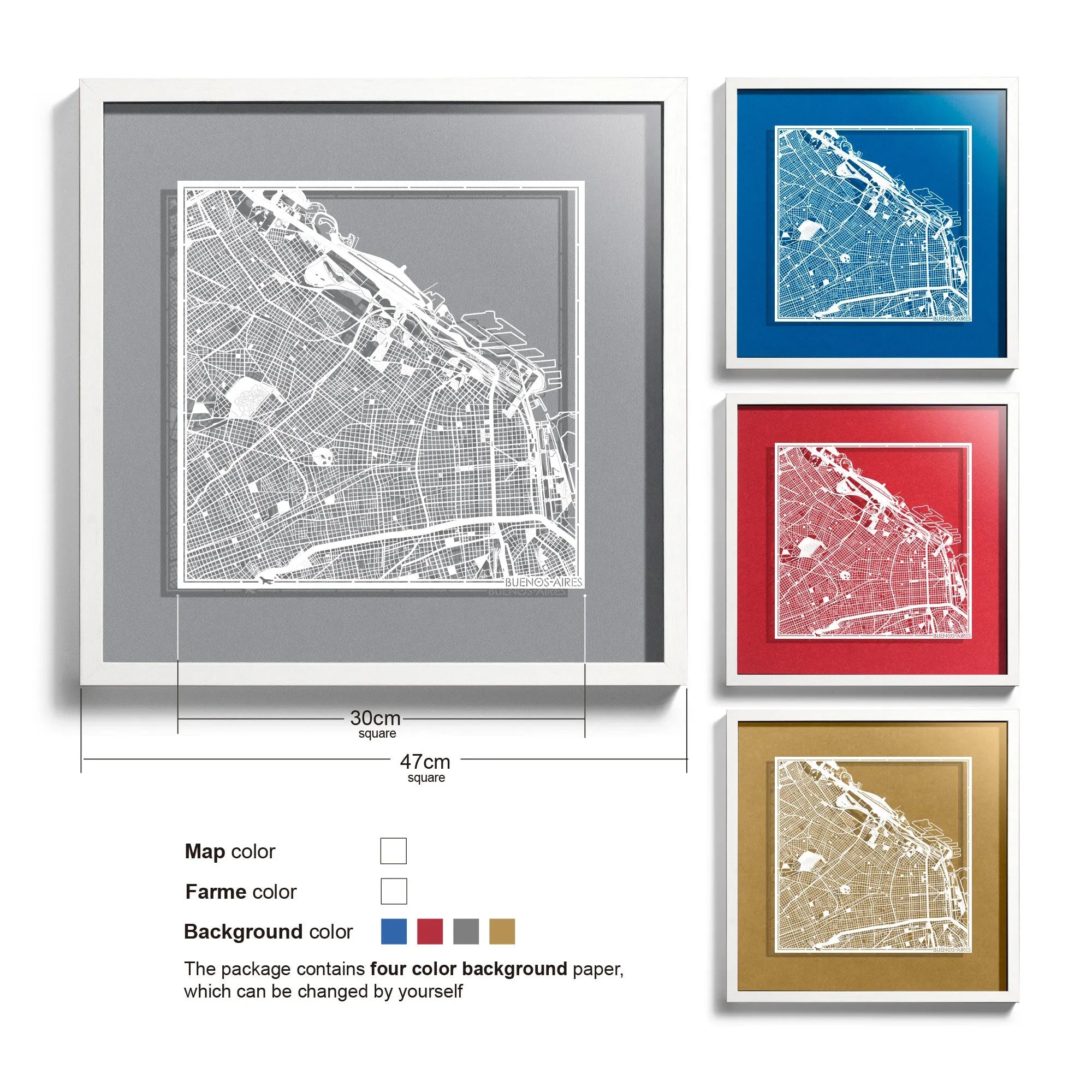 o3designstudio Buenos Aires-Paper-cut-map-framed-18-inch-White map / White frame-45MF2306WW