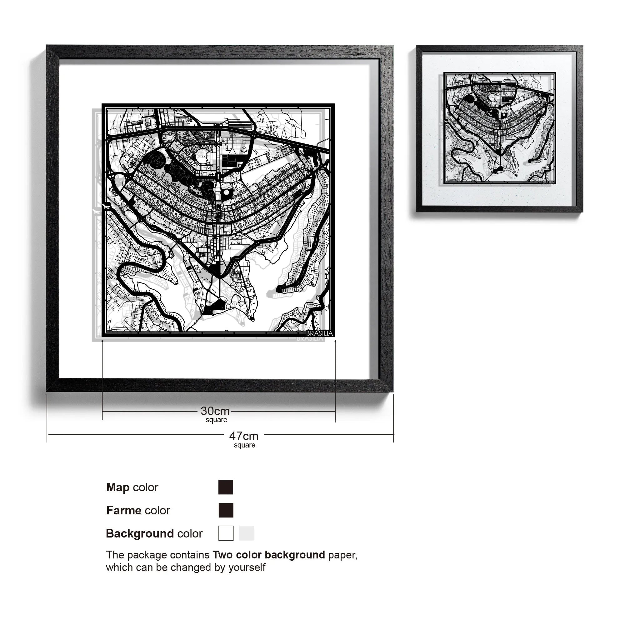 o3designstudio Brasilia-Paper-cut-map-framed-18-inch-Black map / Black frame-45MF2307BB