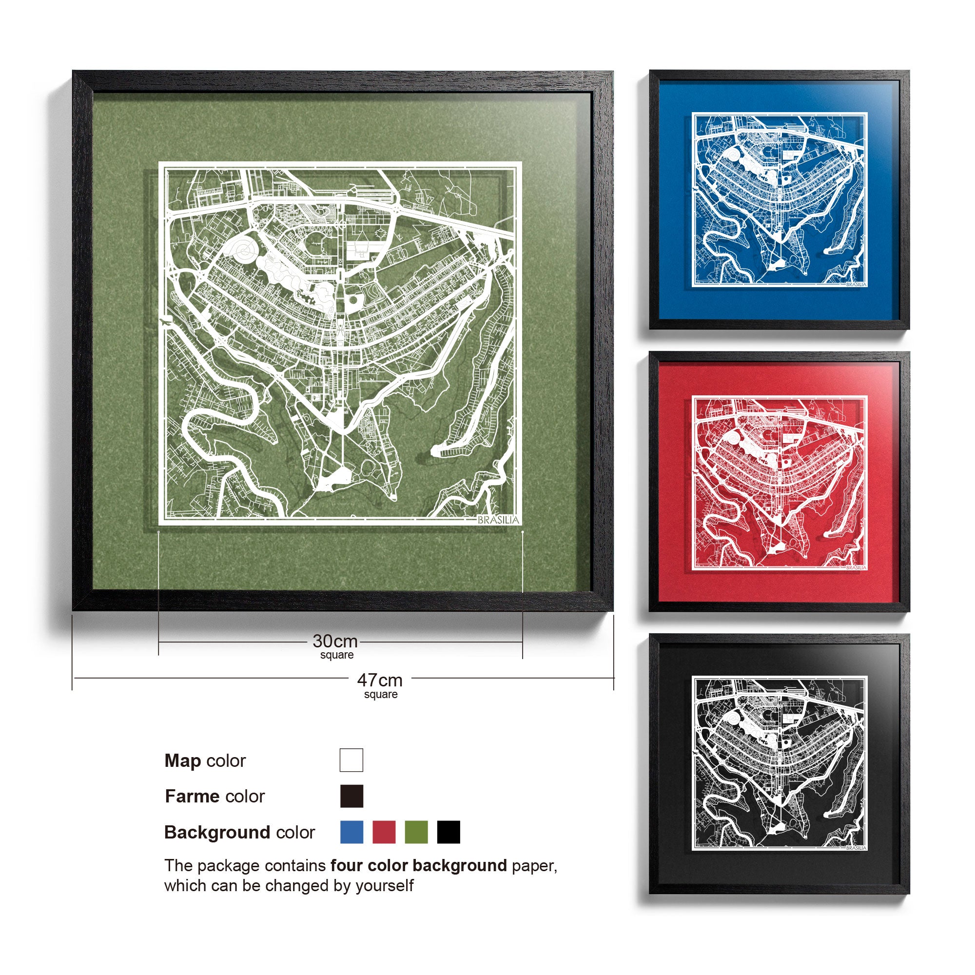 o3designstudio Brasilia-Paper-cut-map-framed-18-inch-White map / Black frame-45MF2307BW