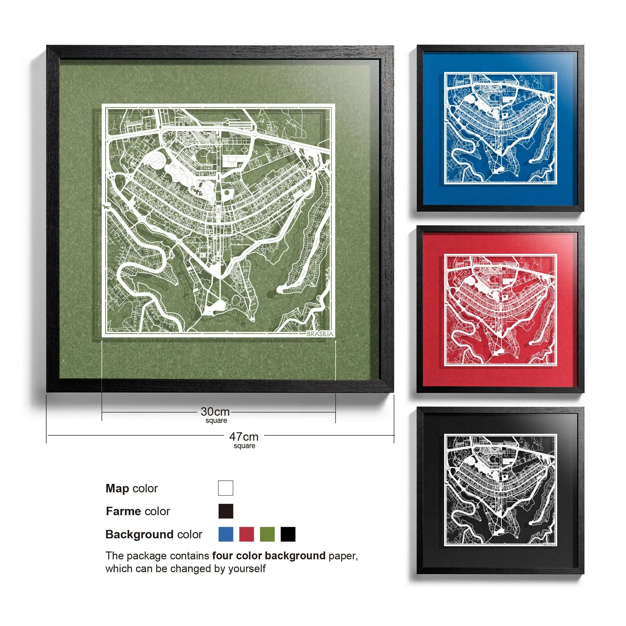 o3designstudio Brasilia-Paper-cut-map-framed-18-inch-White map / Black frame-45MF2307BW