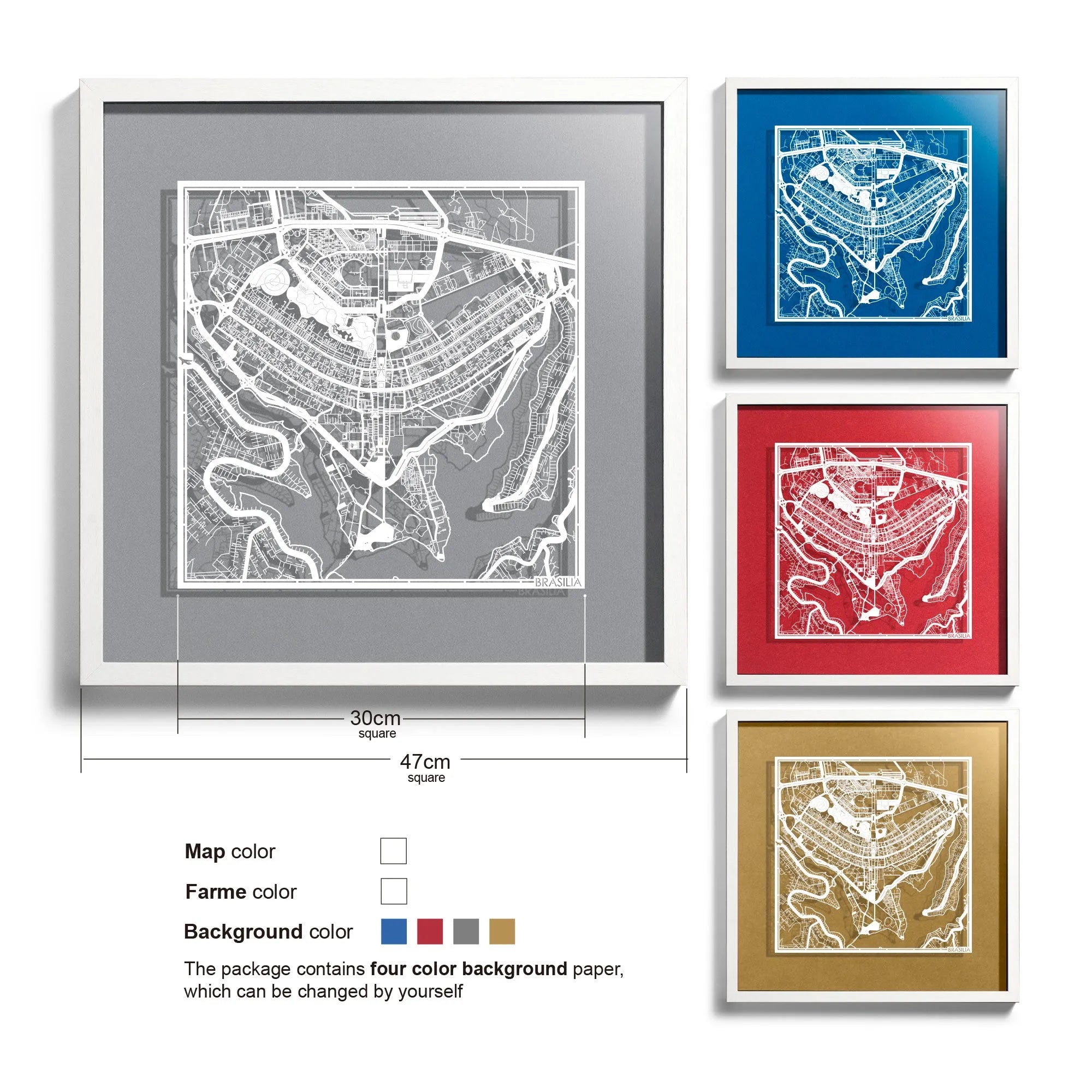 o3designstudio Brasilia-Paper-cut-map-framed-18-inch-White map / White frame-45MF2307WW