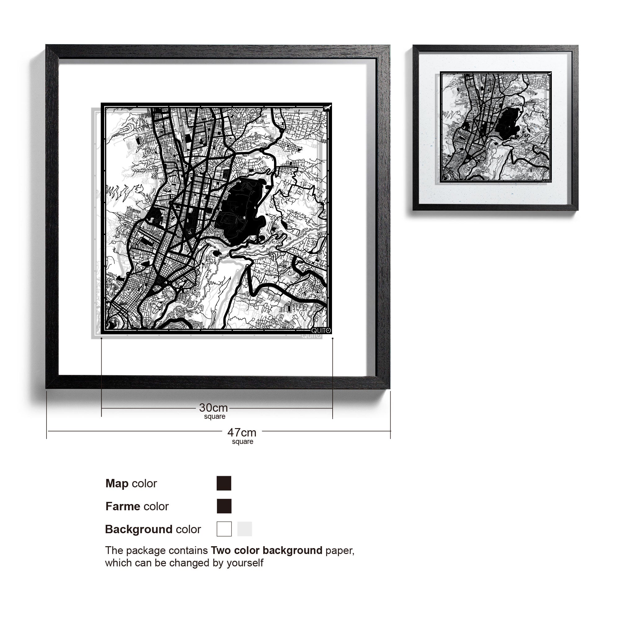 o3designstudio Quito-Paper-cut-map-framed-18-inch-Black map / Black frame-45MF2309BB