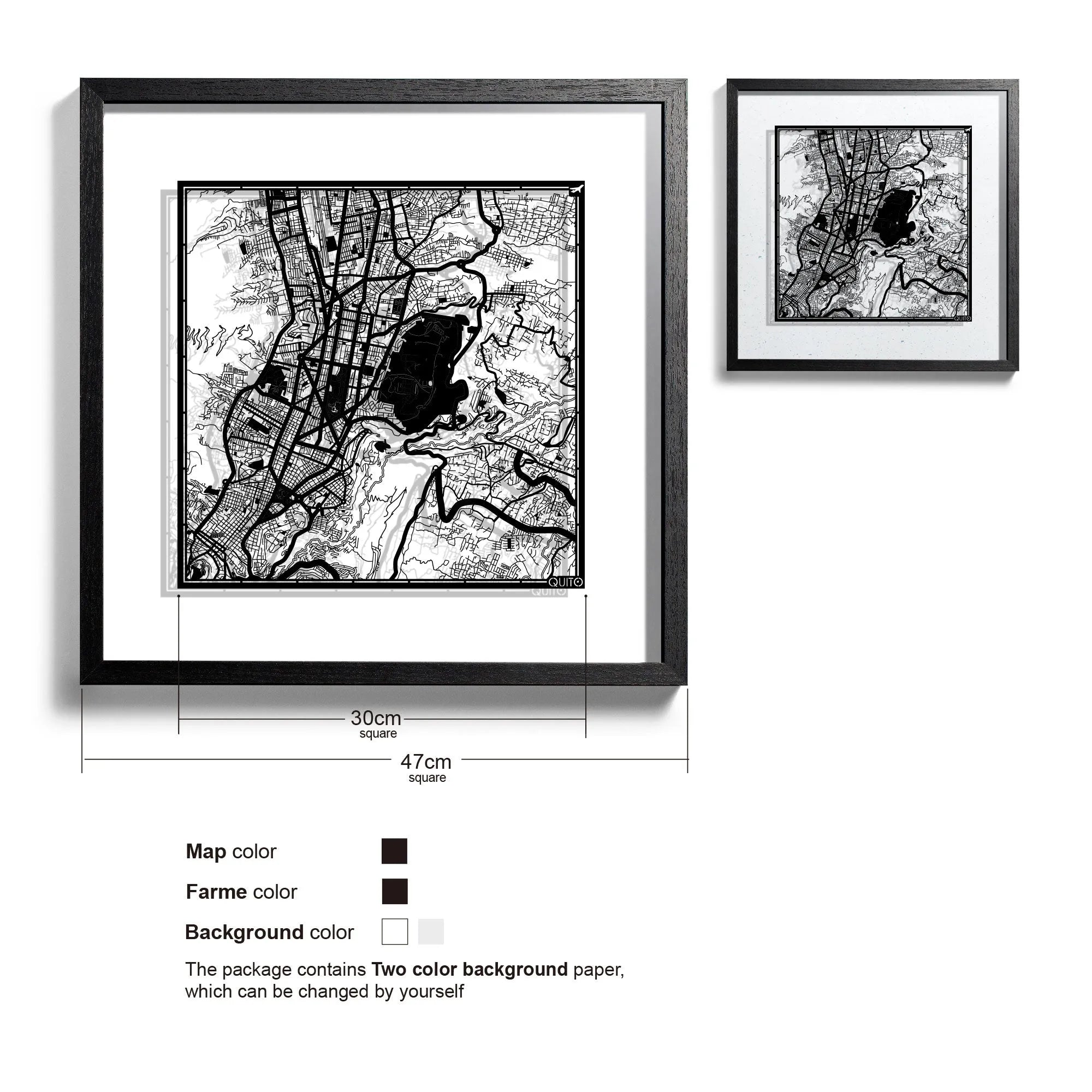 o3designstudio Quito-Paper-cut-map-framed-18-inch-Black map / Black frame-45MF2309BB