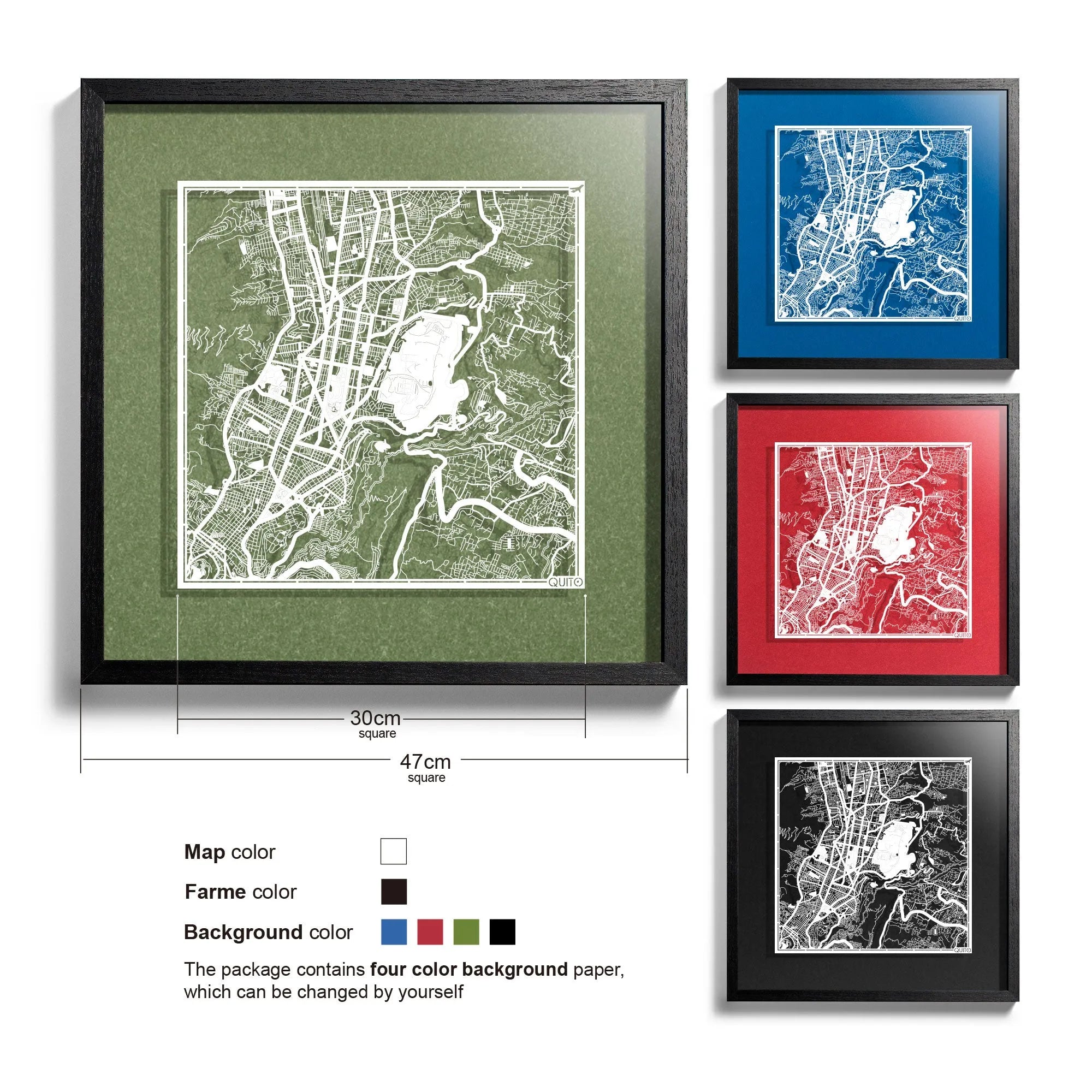 o3designstudio Quito-Paper-cut-map-framed-18-inch-White map / Black frame-45MF2309BW