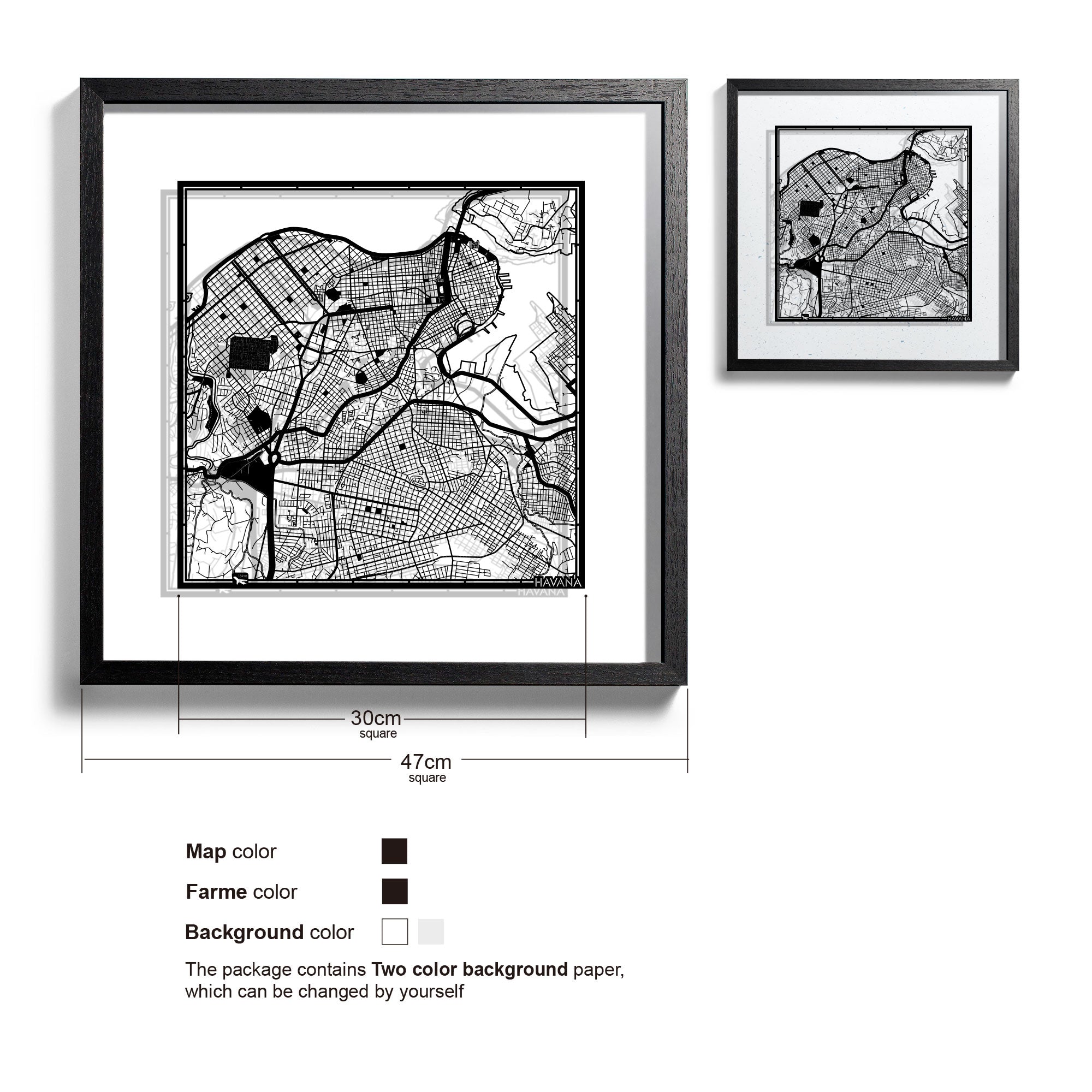 o3designstudio Havana-Paper-cut-map-framed-18-inch-Black map / Black frame-45MF2310BB
