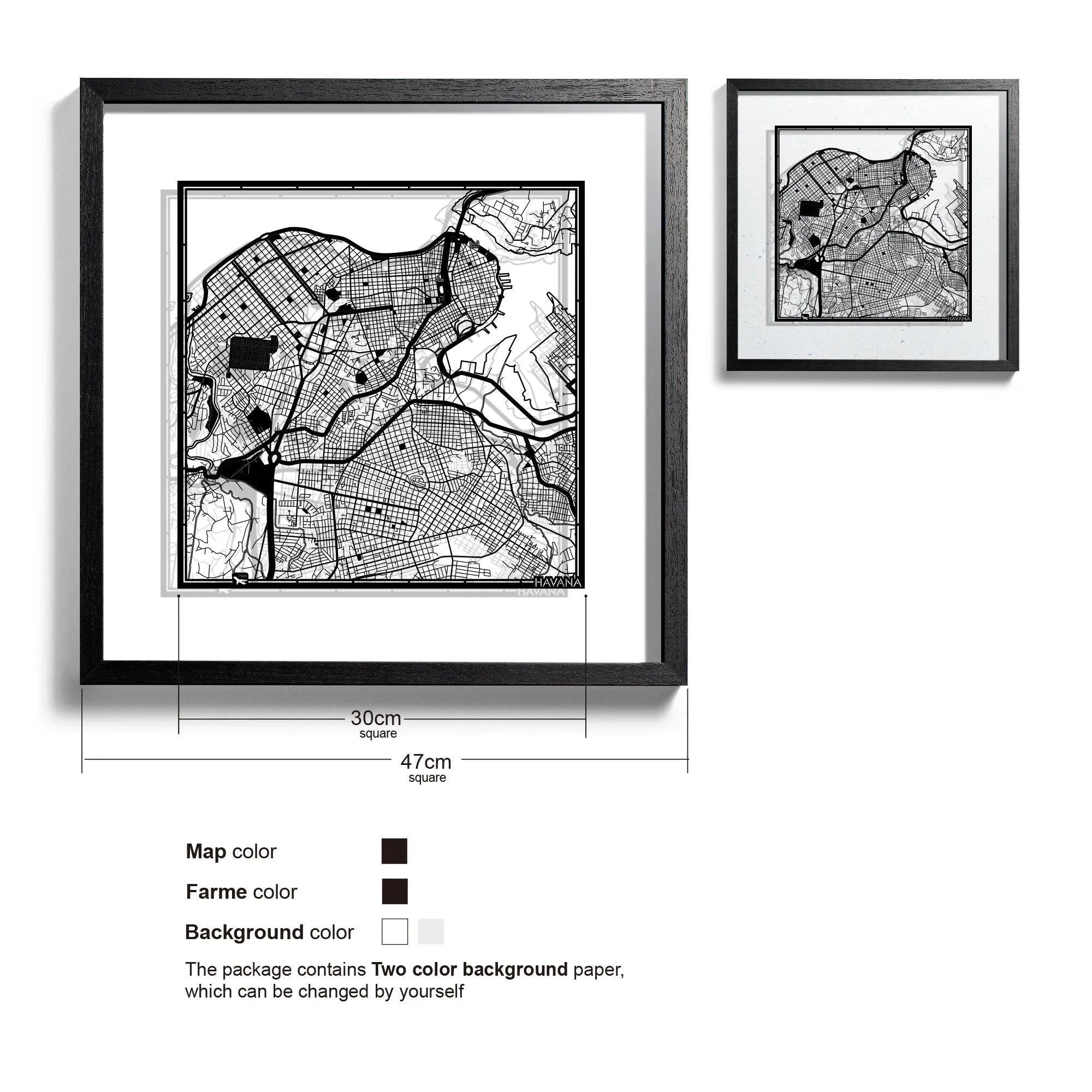 o3designstudio Havana-Paper-cut-map-framed-18-inch-Black map / Black frame-45MF2310BB