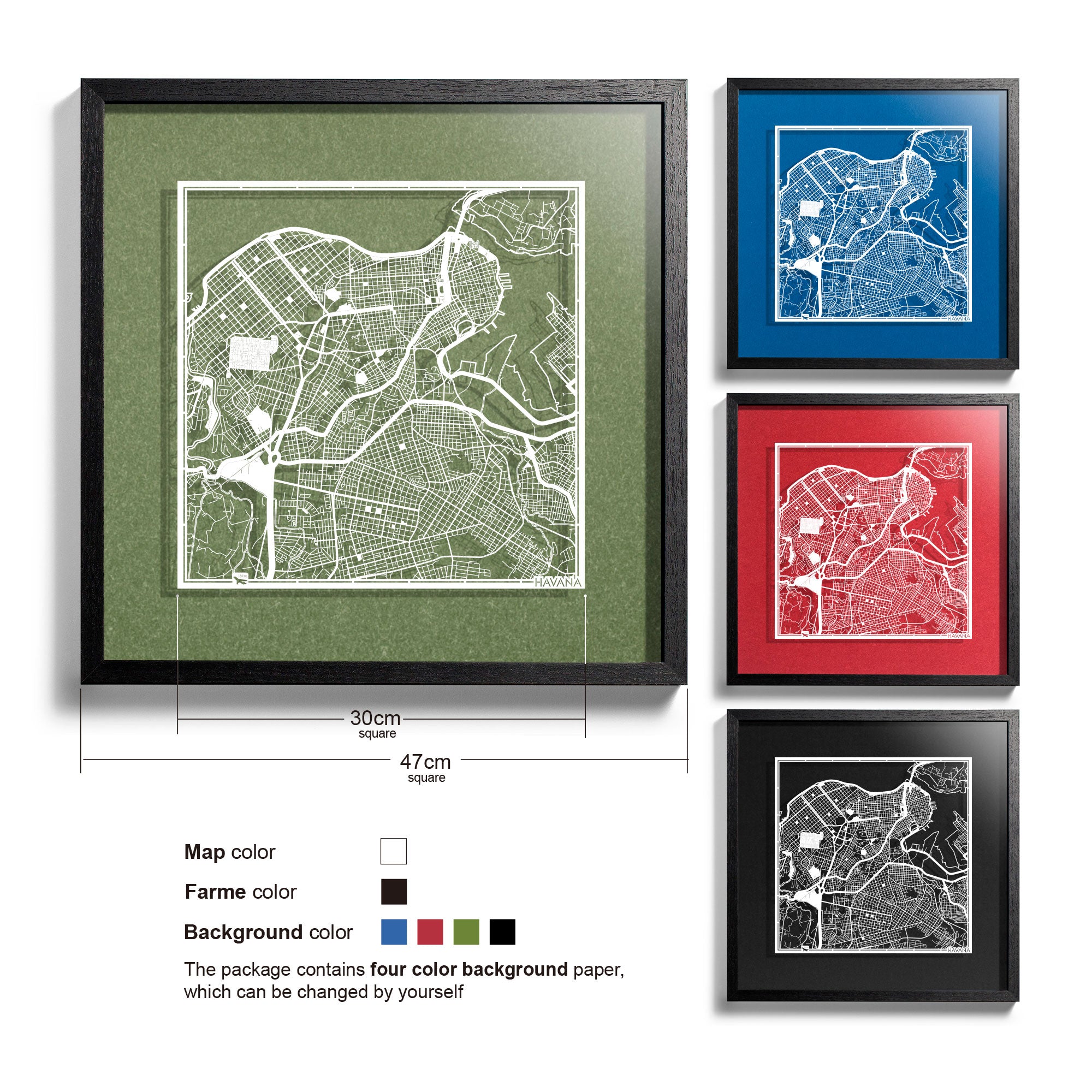 o3designstudio Havana-Paper-cut-map-framed-18-inch-White map / Black frame-45MF2310BW