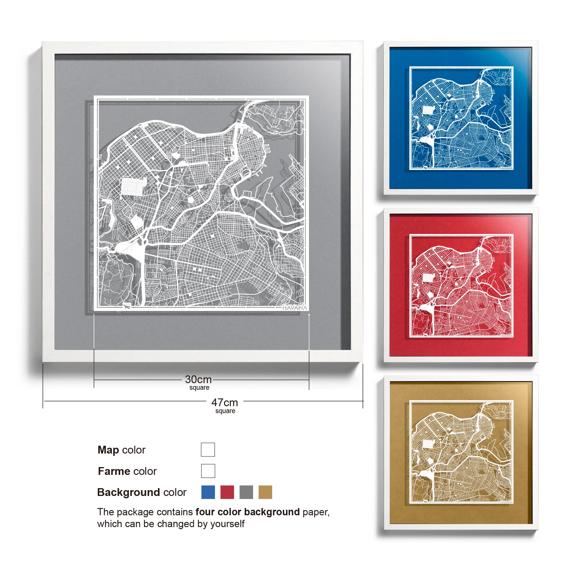 o3designstudio Havana-Paper-cut-map-framed-18-inch-White map / White frame-45MF2310WW