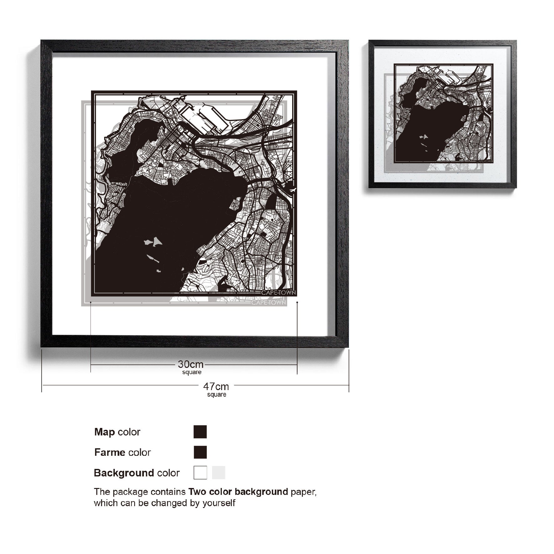 o3designstudio-Cape Town-Paper-cut-map-framed-18-inch-Black map / Black frame-45MF4001BB