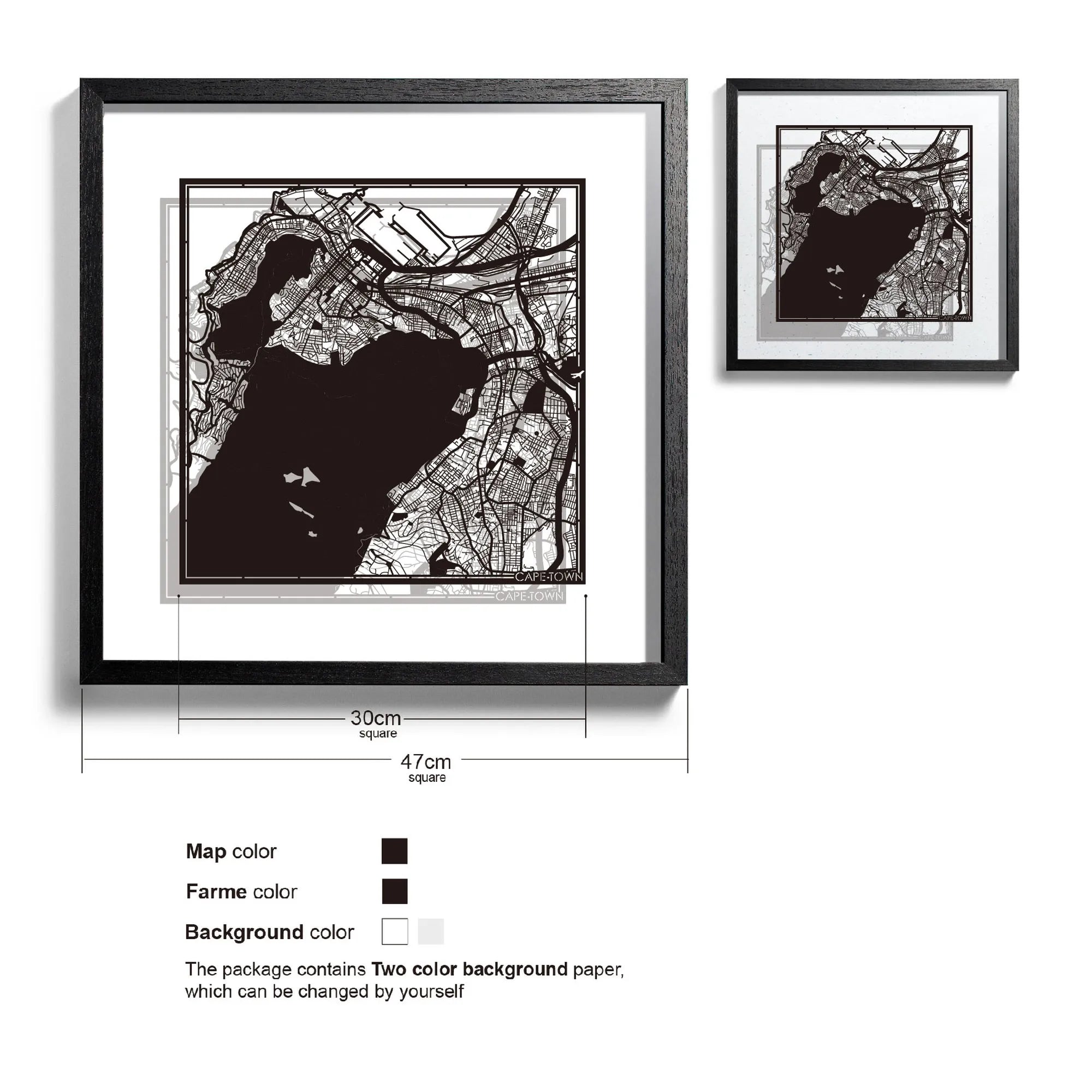 o3designstudio-Cape Town-Paper-cut-map-framed-18-inch-Black map / Black frame-45MF4001BB