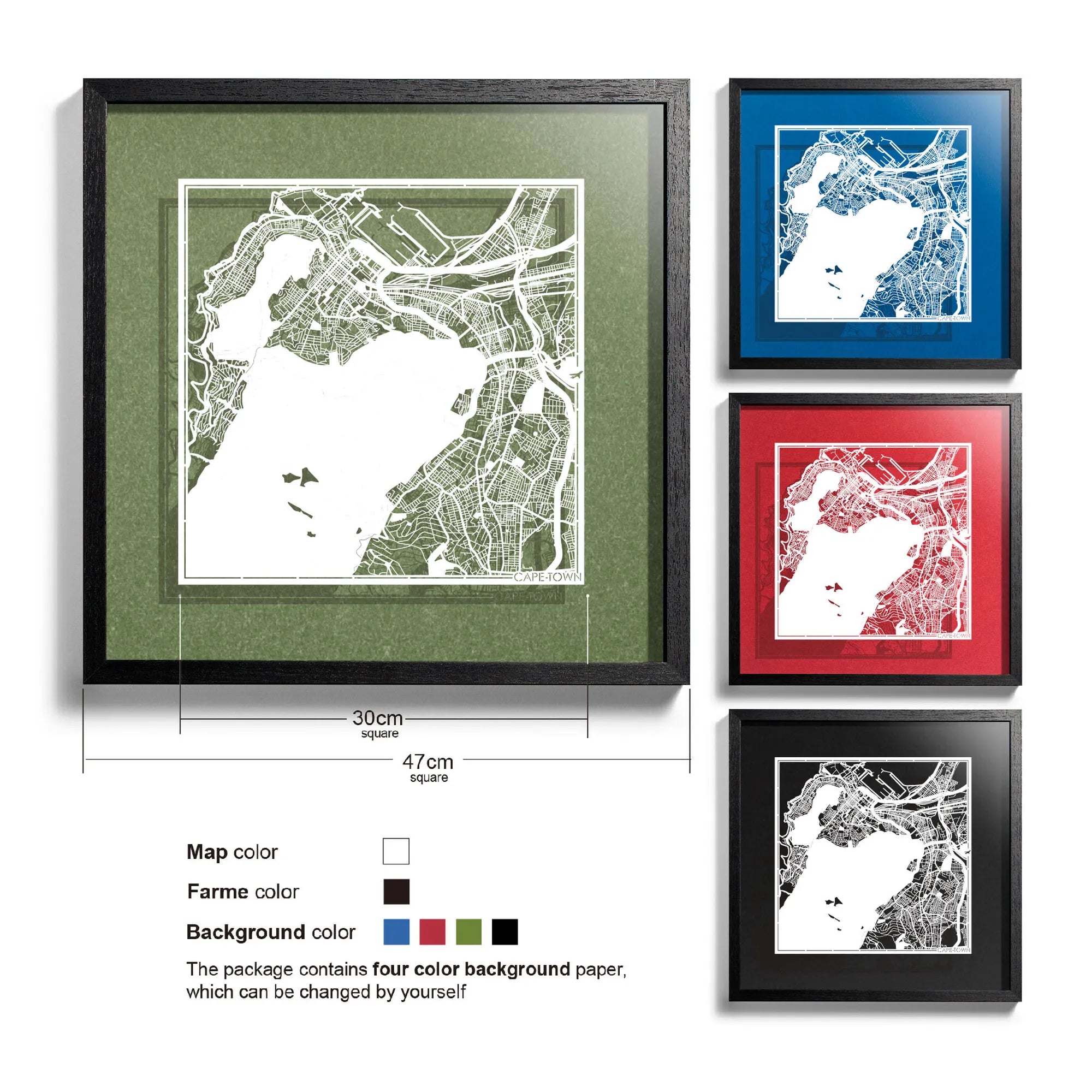 o3designstudio-Cape Town-Paper-cut-map-framed-18-inch-White map / Black frame-45MF4001BW