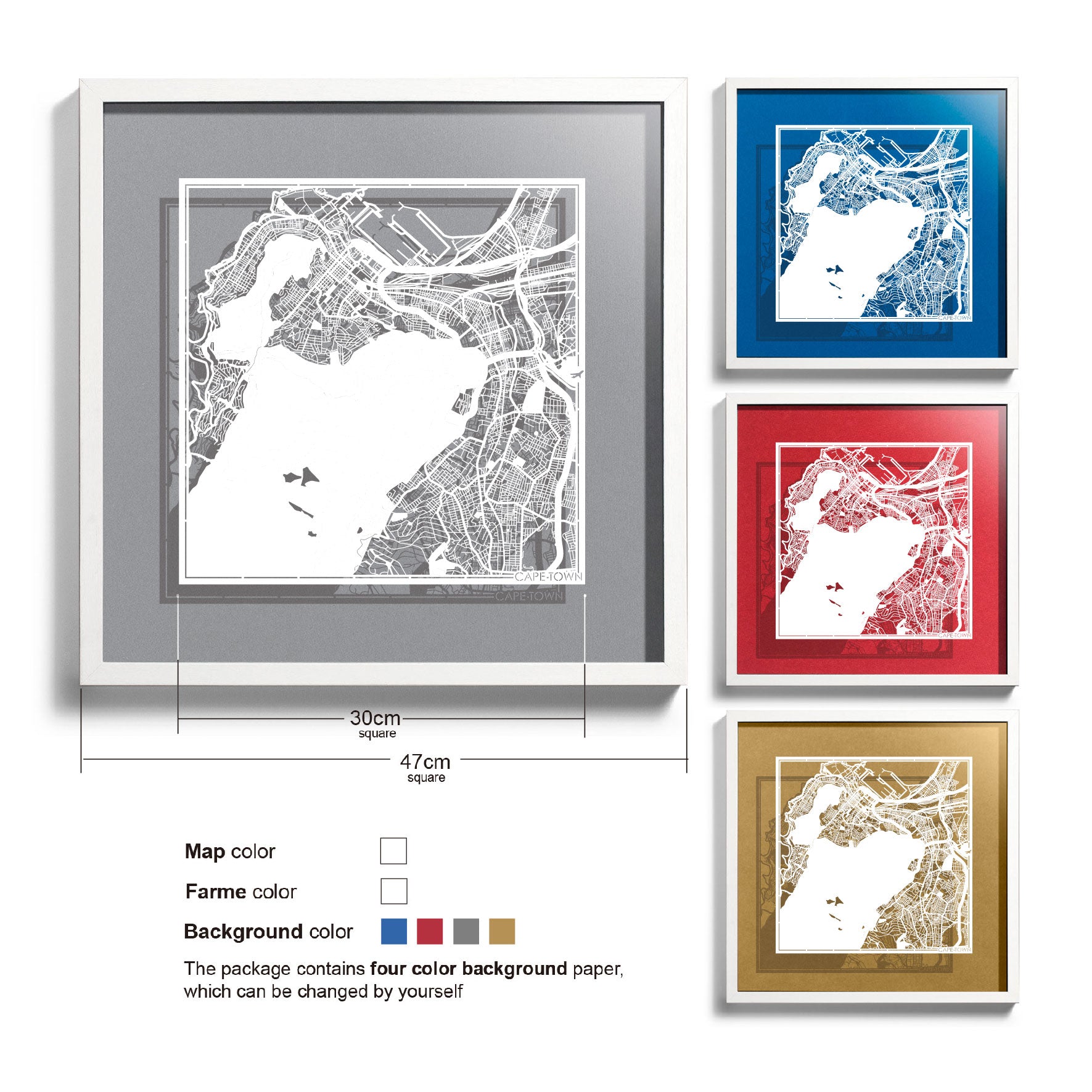 o3designstudio-Cape Town-Paper-cut-map-framed-18-inch-White map / White frame-45MF4001WW