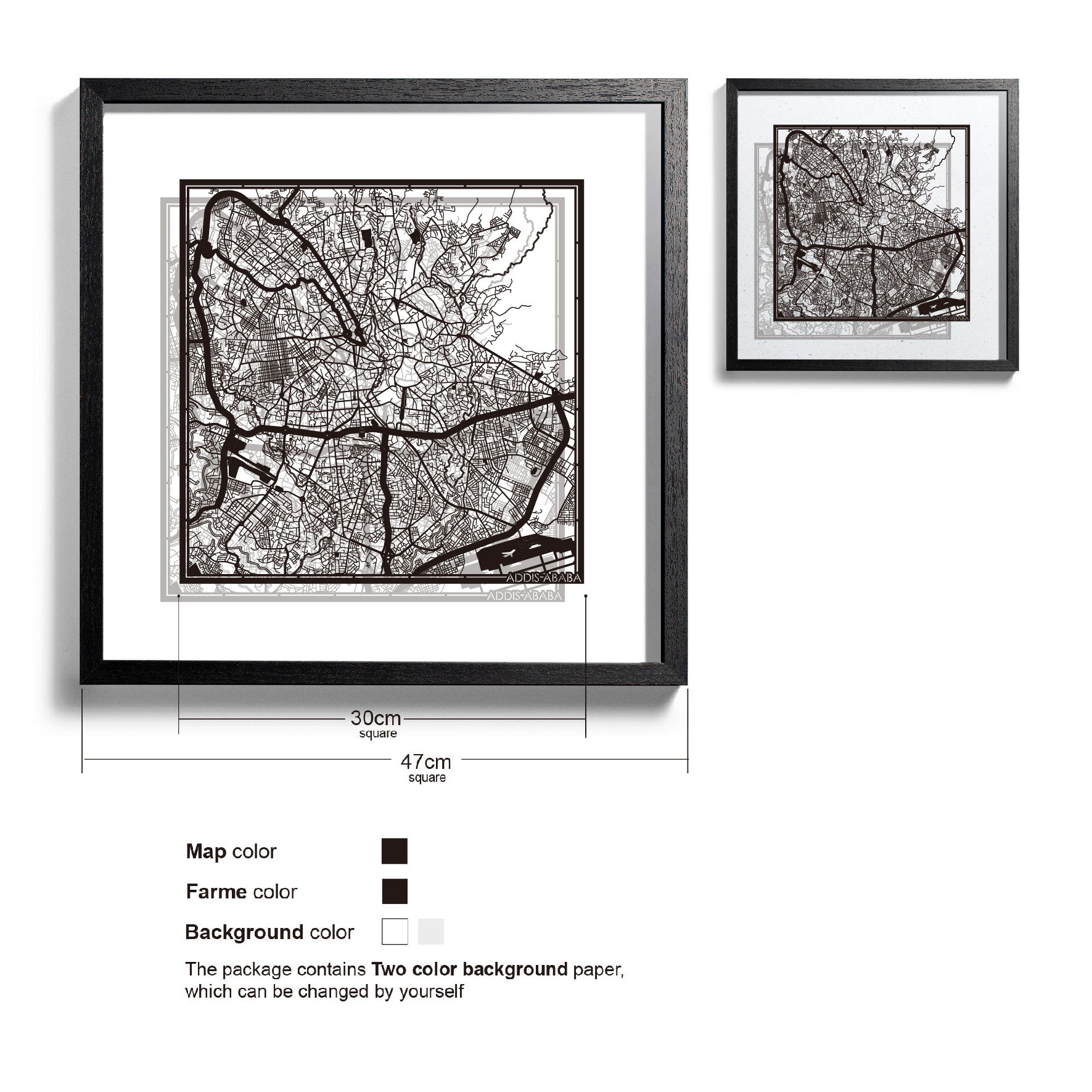 o3designstudio-Addis Ababa-Paper-cut-map-framed-18-inch-Black map / Black frame-45MF4003BB