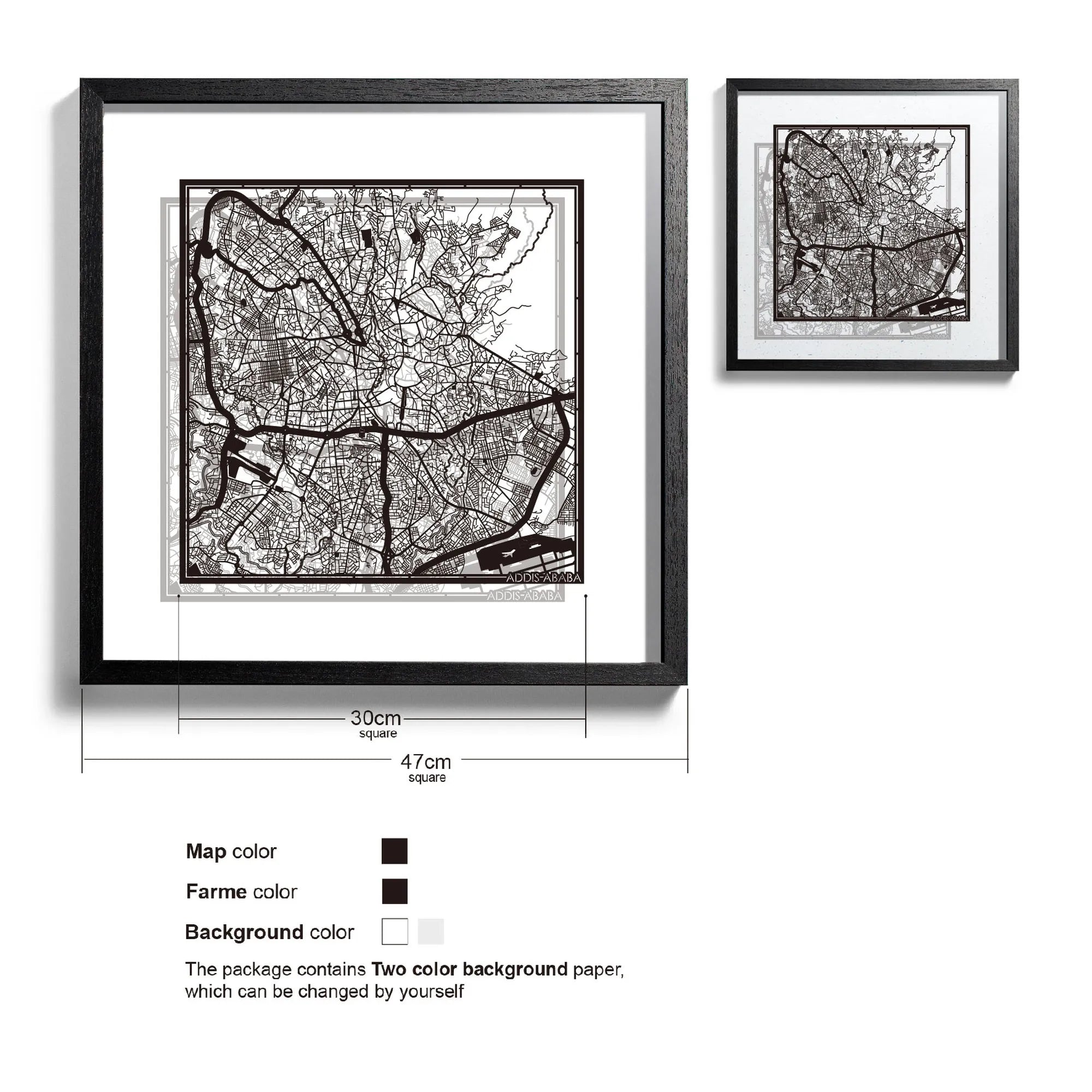 o3designstudio-Addis Ababa-Paper-cut-map-framed-18-inch-Black map / Black frame-45MF4003BB