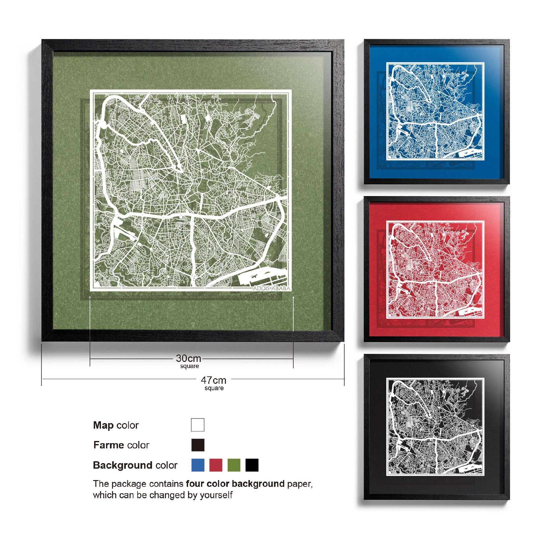 o3designstudio-Addis Ababa-Paper-cut-map-framed-18-inch-White map / Black frame-45MF4003BW