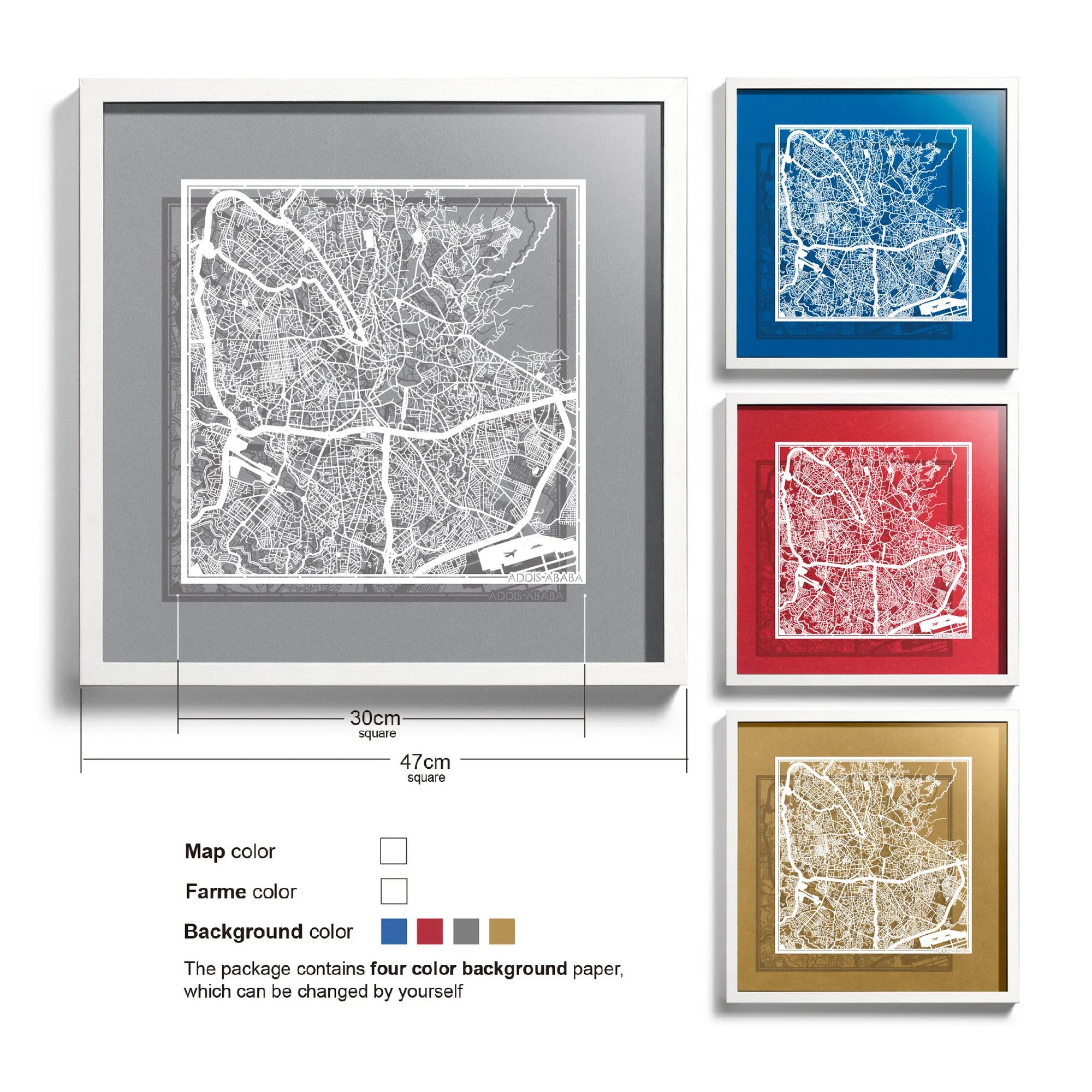o3designstudio-Addis Ababa-Paper-cut-map-framed-18-inch-White map / White frame-45MF4003WW