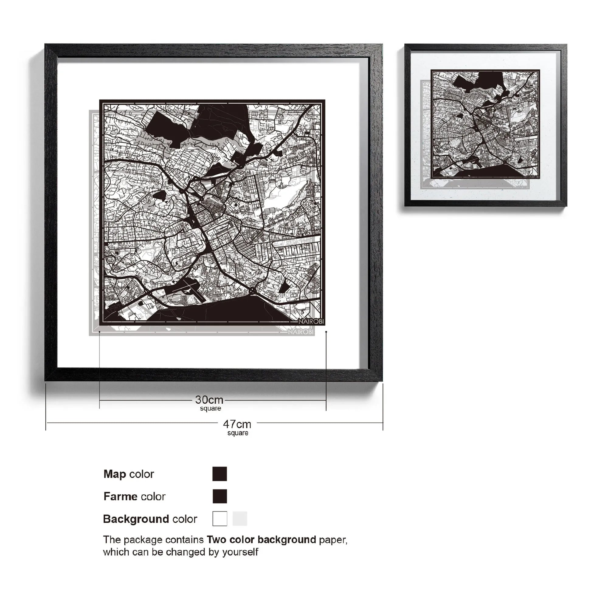 o3designstudio-Nairobi-Paper-cut-map-framed-18-inch-Black map / Black frame-45MF4004BB