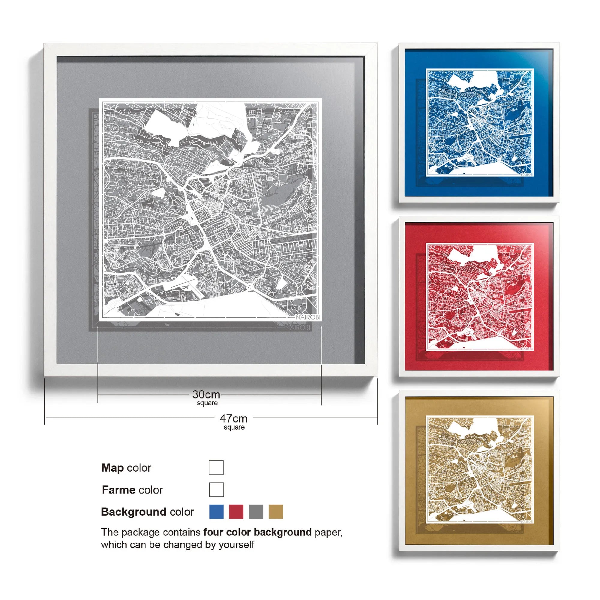 o3designstudio-Nairobi-Paper-cut-map-framed-18-inch-White map / White frame-45MF4004WW
