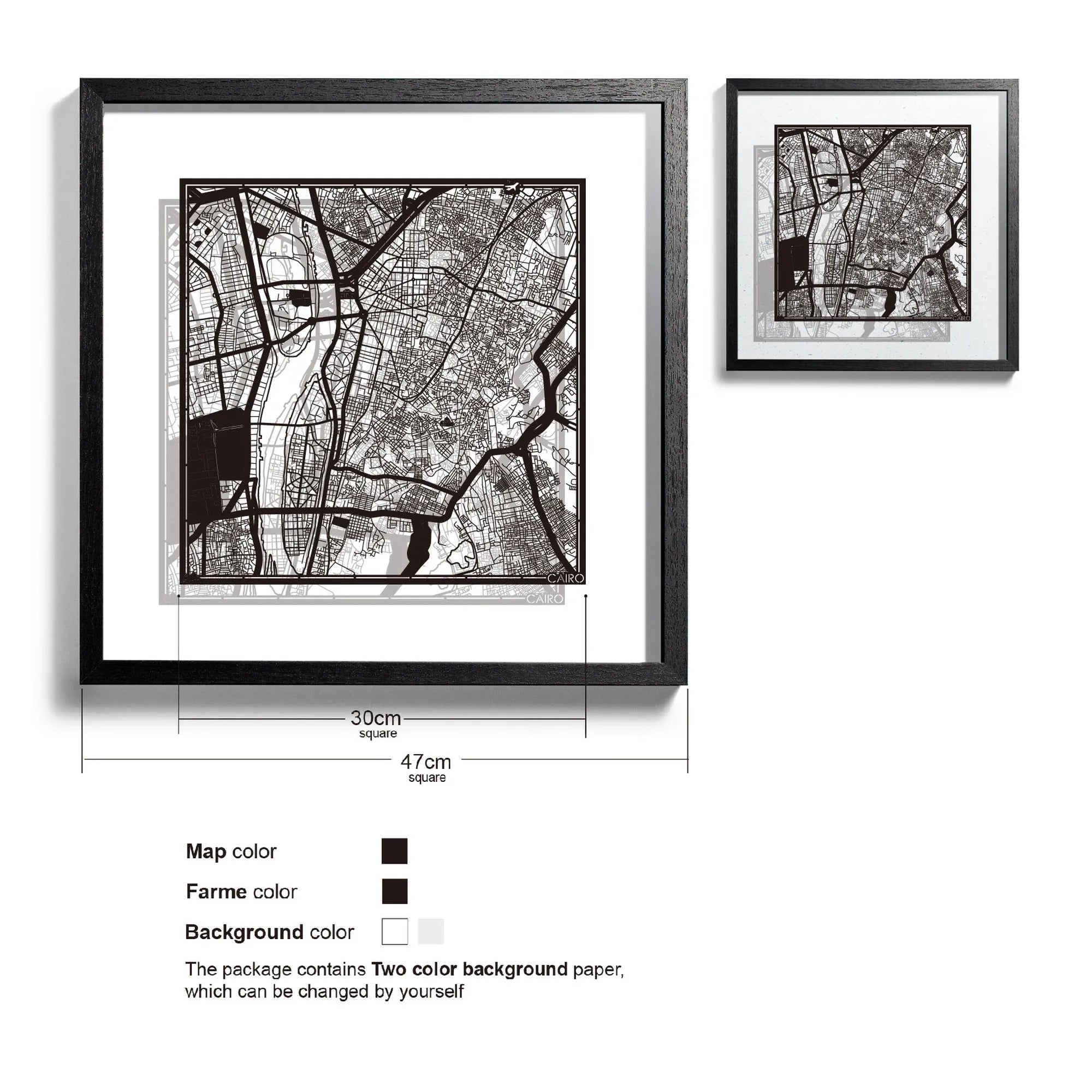 o3designstudio-Cairo-Paper-cut-map-framed-18-inch-Black map / Black frame-45MF4005BB