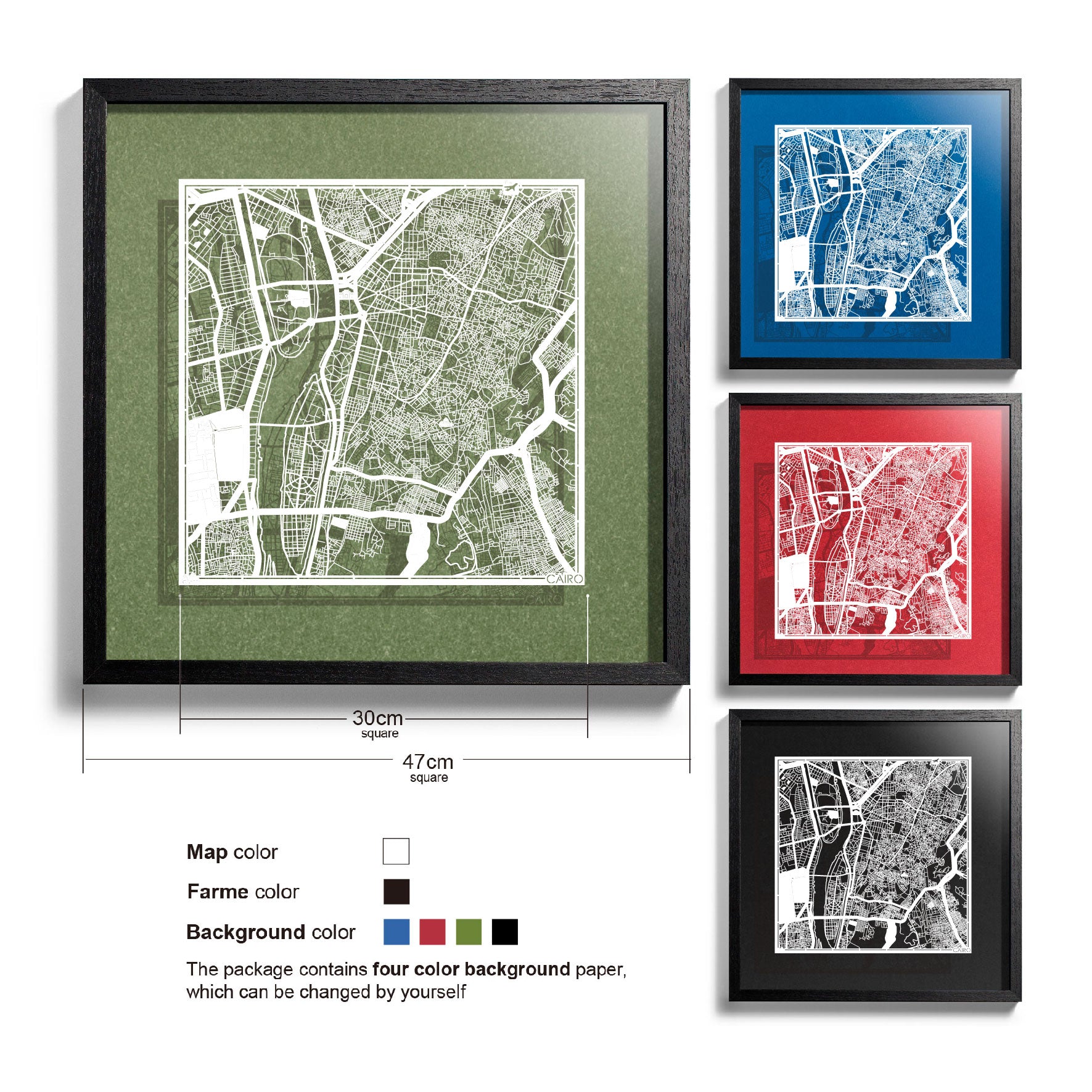 o3designstudio-Cairo-Paper-cut-map-framed-18-inch-White map / Black frame-45MF4005BW