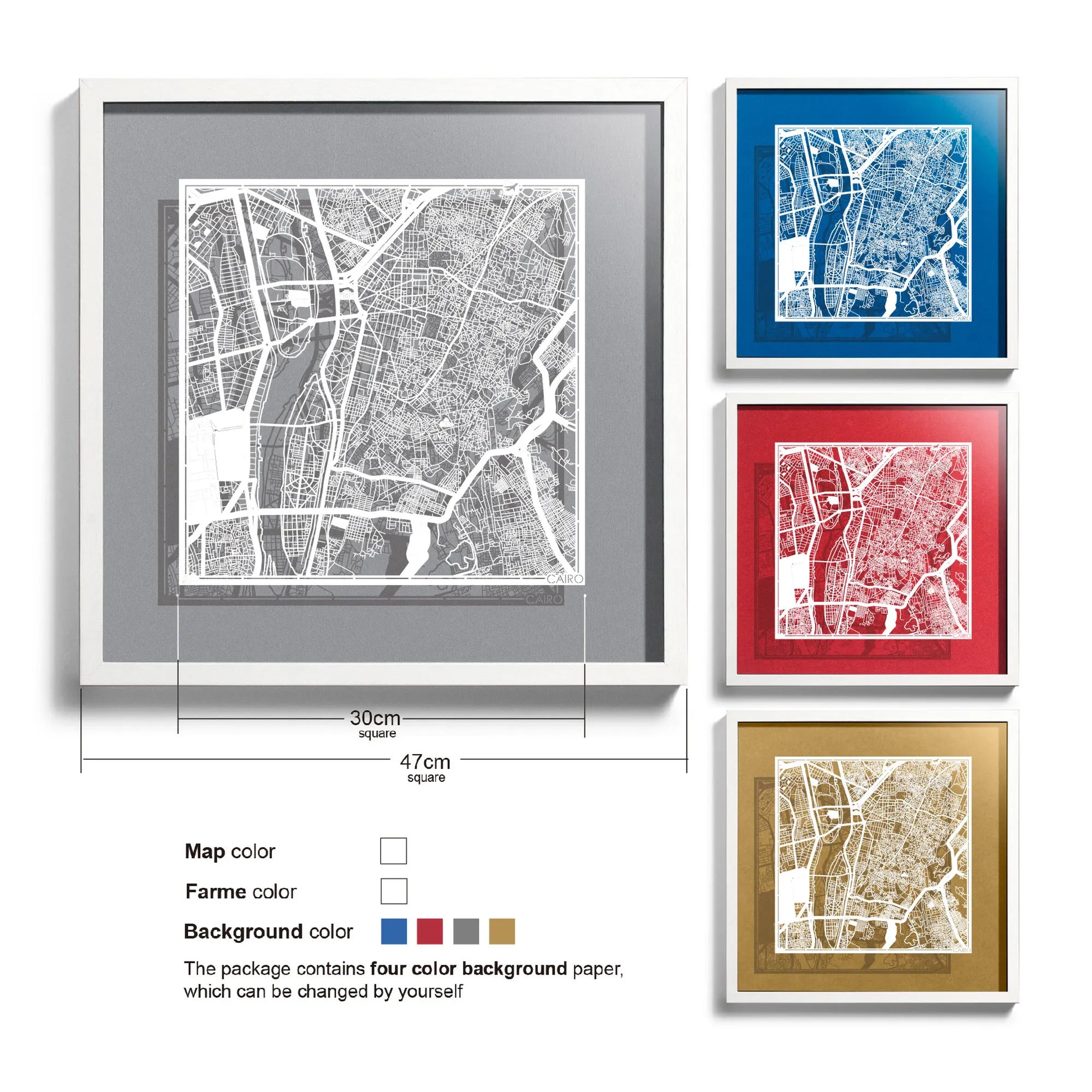 o3designstudio-Cairo-Paper-cut-map-framed-18-inch-White map / White frame-45MF4005WW