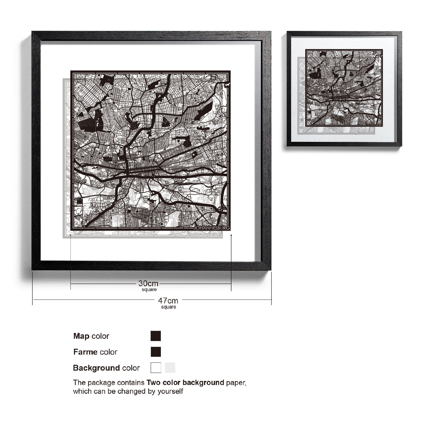 o3designstudio-Johannesburg-Paper-cut-map-framed-18-inch-Black map / Black frame-45MF4006BB