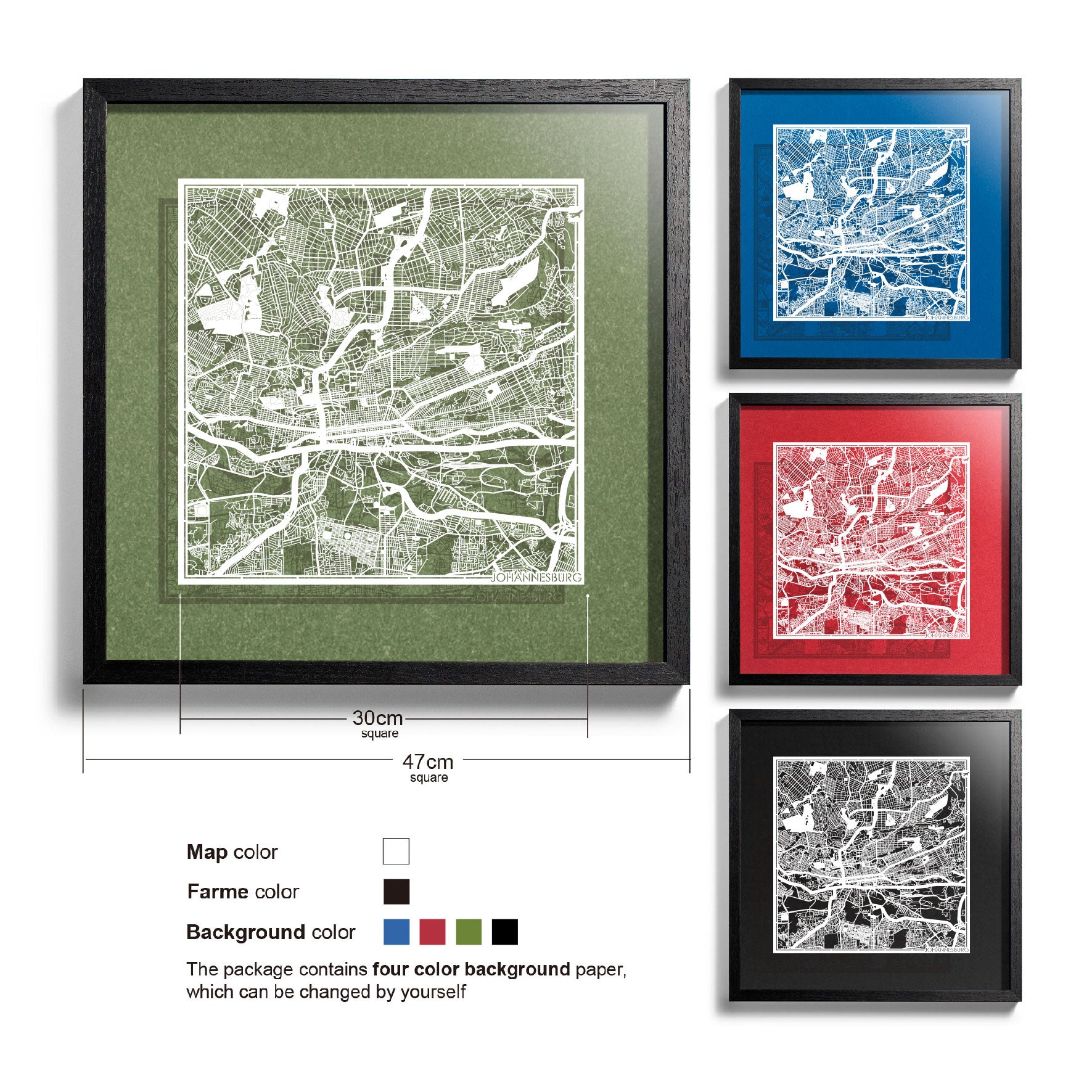o3designstudio-Johannesburg-Paper-cut-map-framed-18-inch-White map / Black frame-45MF4006BW