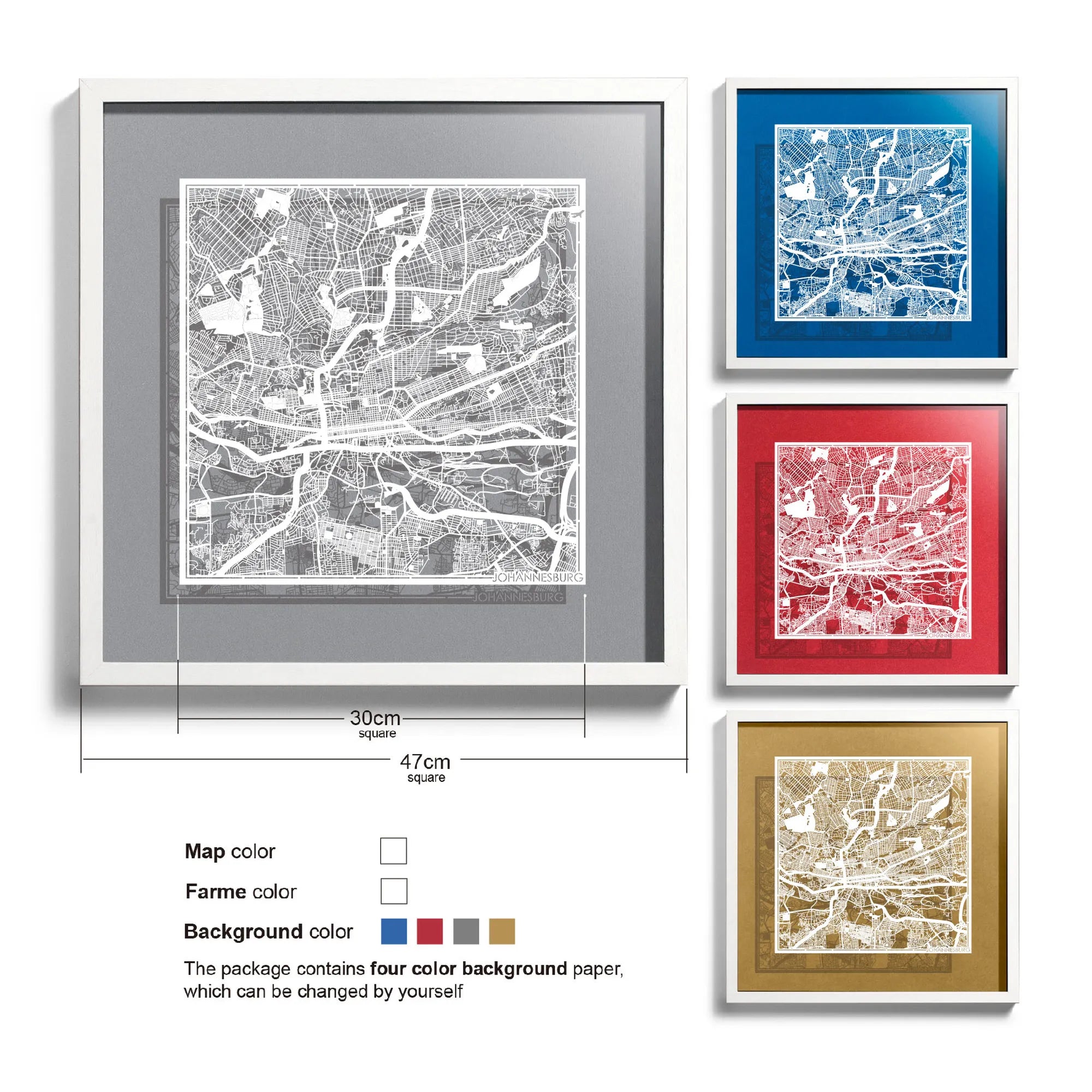 o3designstudio-Johannesburg-Paper-cut-map-framed-18-inch-White map / White frame-45MF4006WW