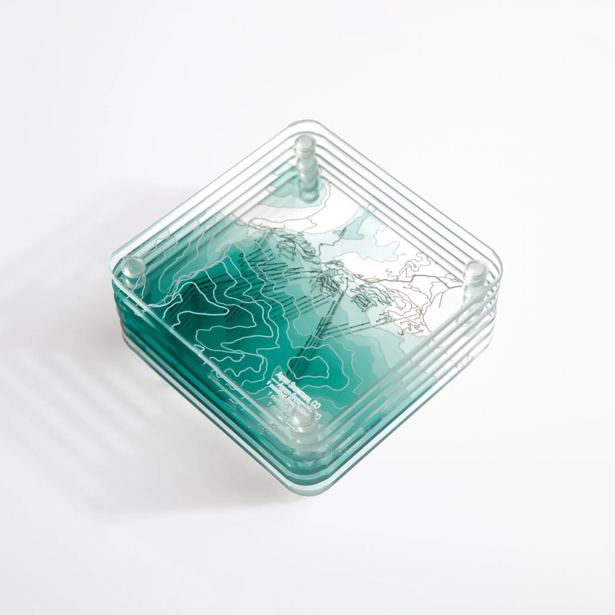 3D Contour Map Glass Drink Coasters of Mountains, Ski Resort, set of 6
