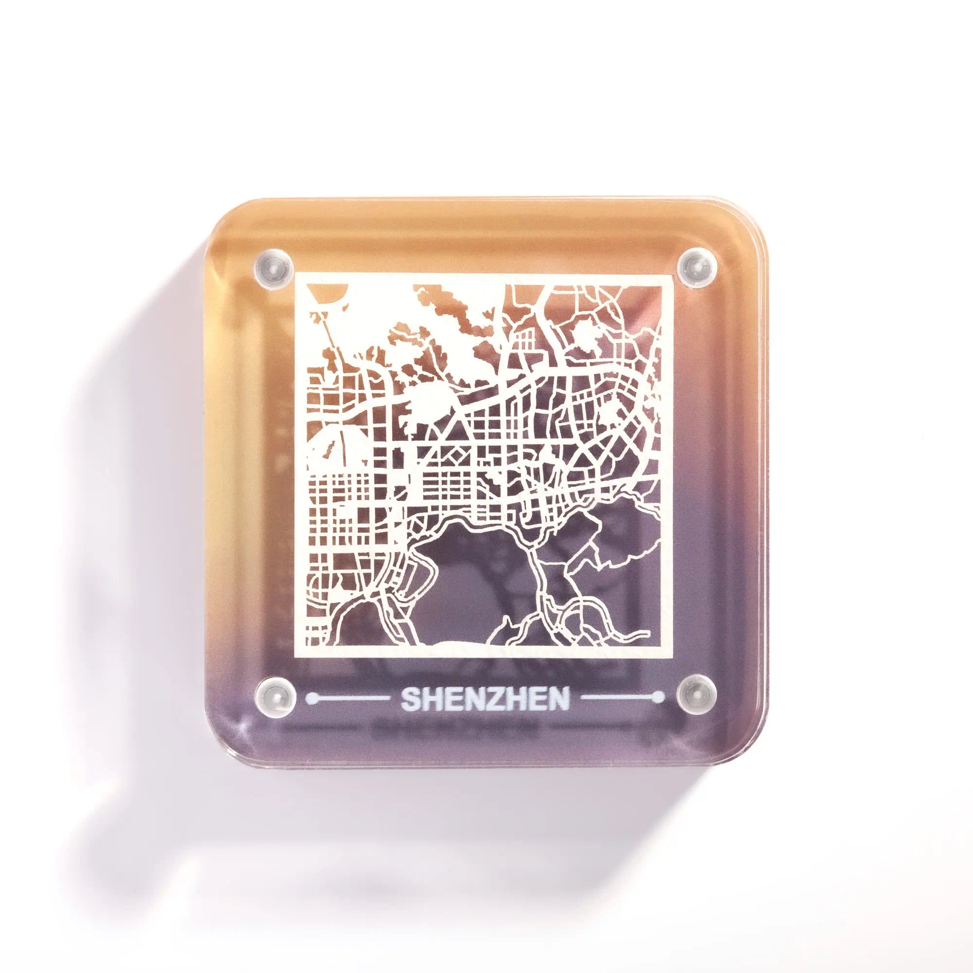 o3designstudio Shenzhen paper-cut city map fridge magnet, gradient acrylic frame, delicate hollow street map travel souvenir- FM1037