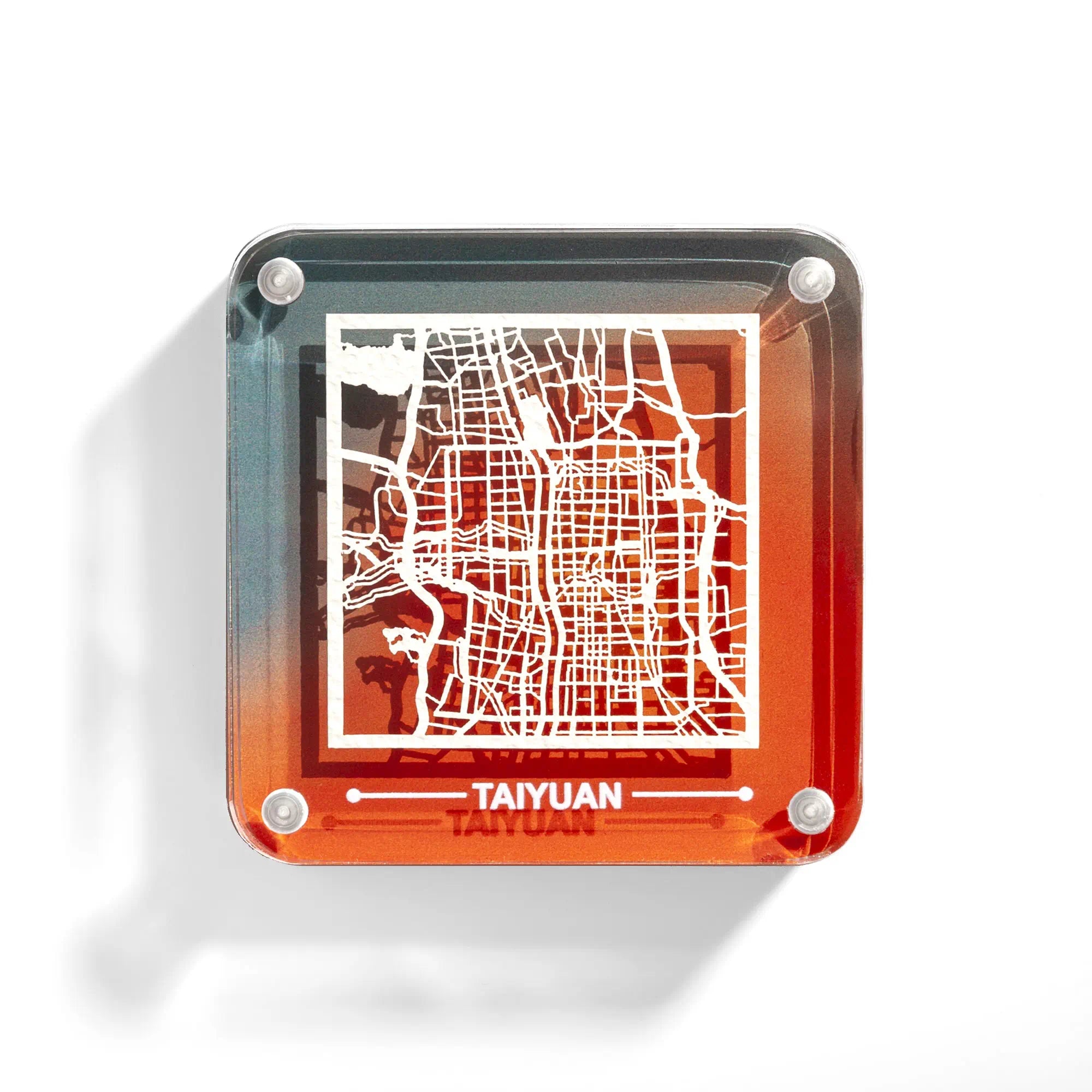 o3designstudio Taiyuan paper-cut city map fridge magnet, gradient acrylic frame, delicate hollow street map travel souvenir- FM1048