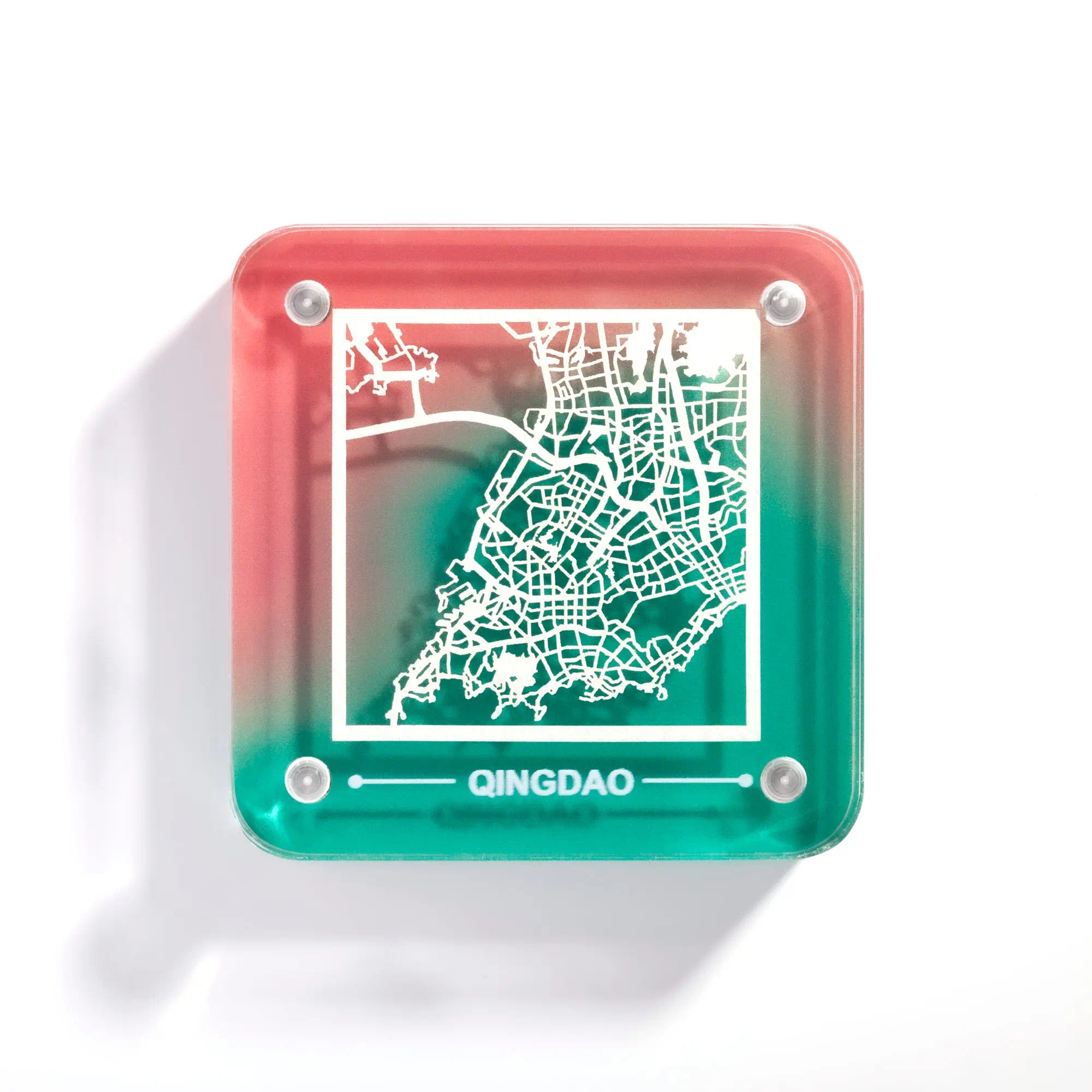 o3designstudio Qingdao paper-cut city map fridge magnet, gradient acrylic frame, delicate hollow street map travel souvenir- FM1050
