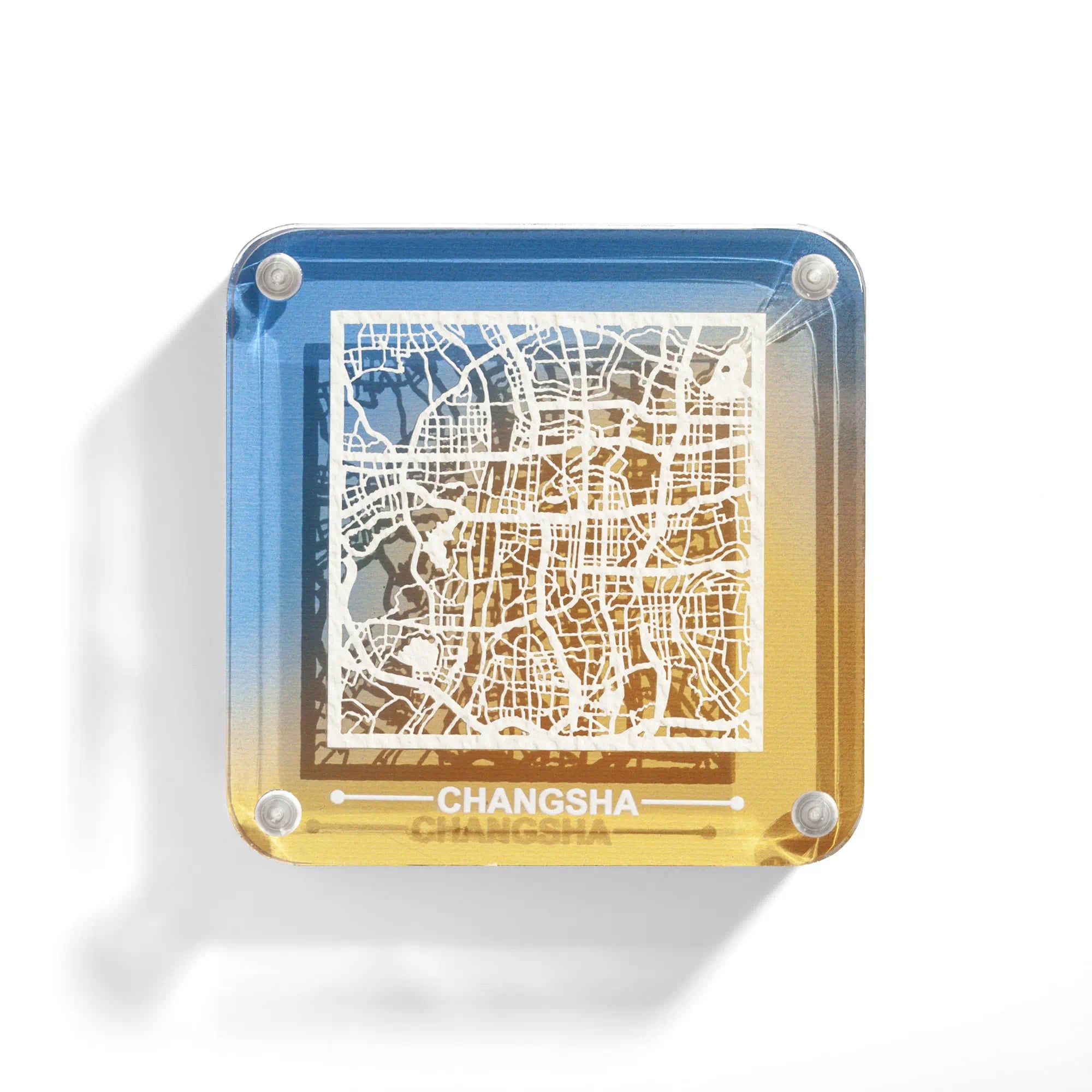 o3designstudio Changsha paper-cut city map fridge magnet, gradient acrylic frame, delicate hollow street map travel souvenir- FM1063