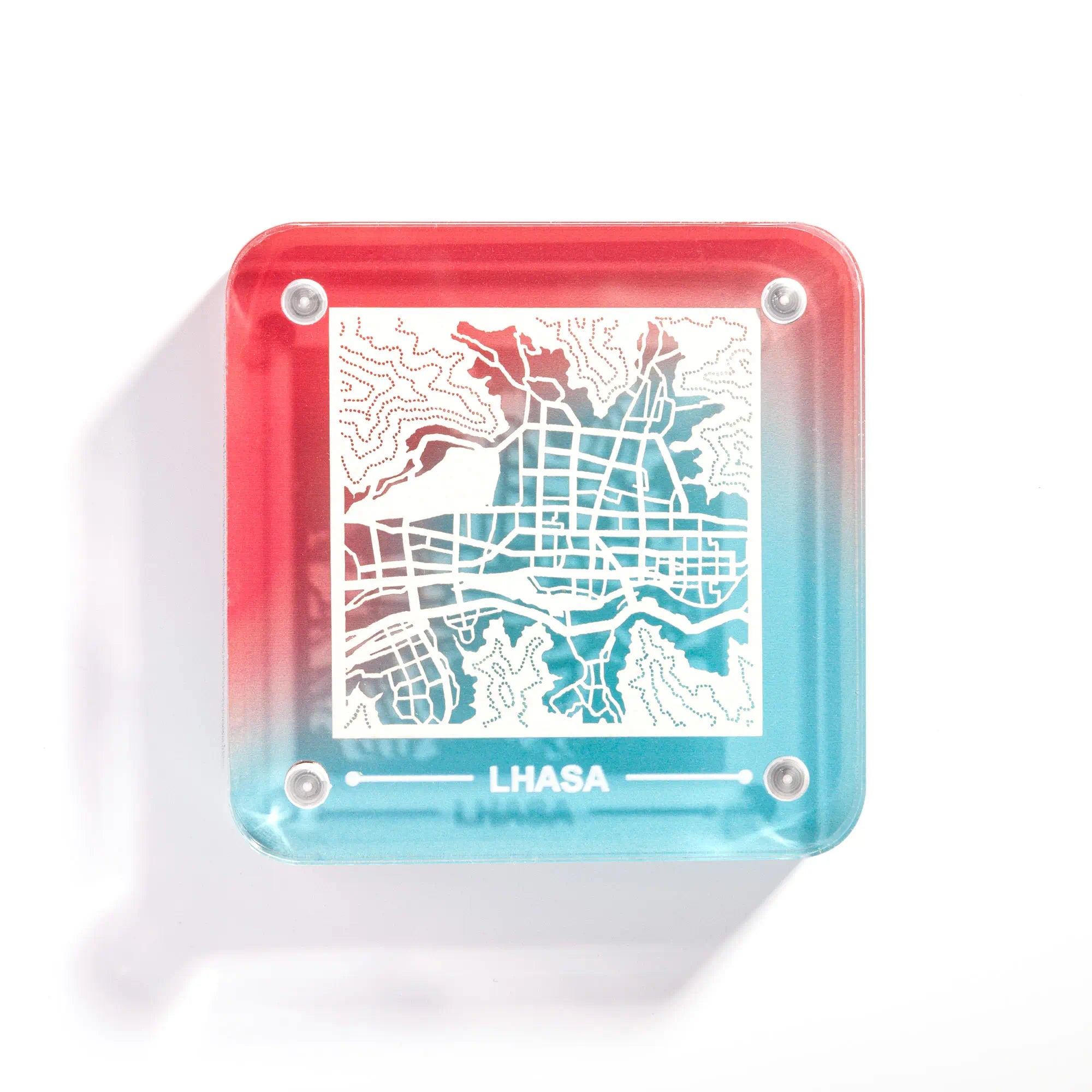 o3designstudio Lhasa paper-cut city map fridge magnet, gradient acrylic frame, delicate hollow street map travel souvenir- FM1064