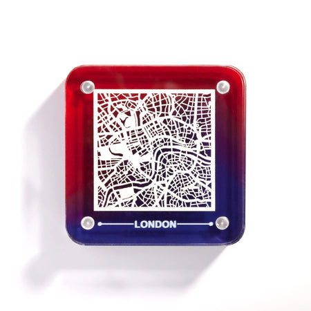 o3designstudio London paper-cut city map fridge magnet, gradient acrylic frame, delicate hollow street map travel souvenir- FM3001