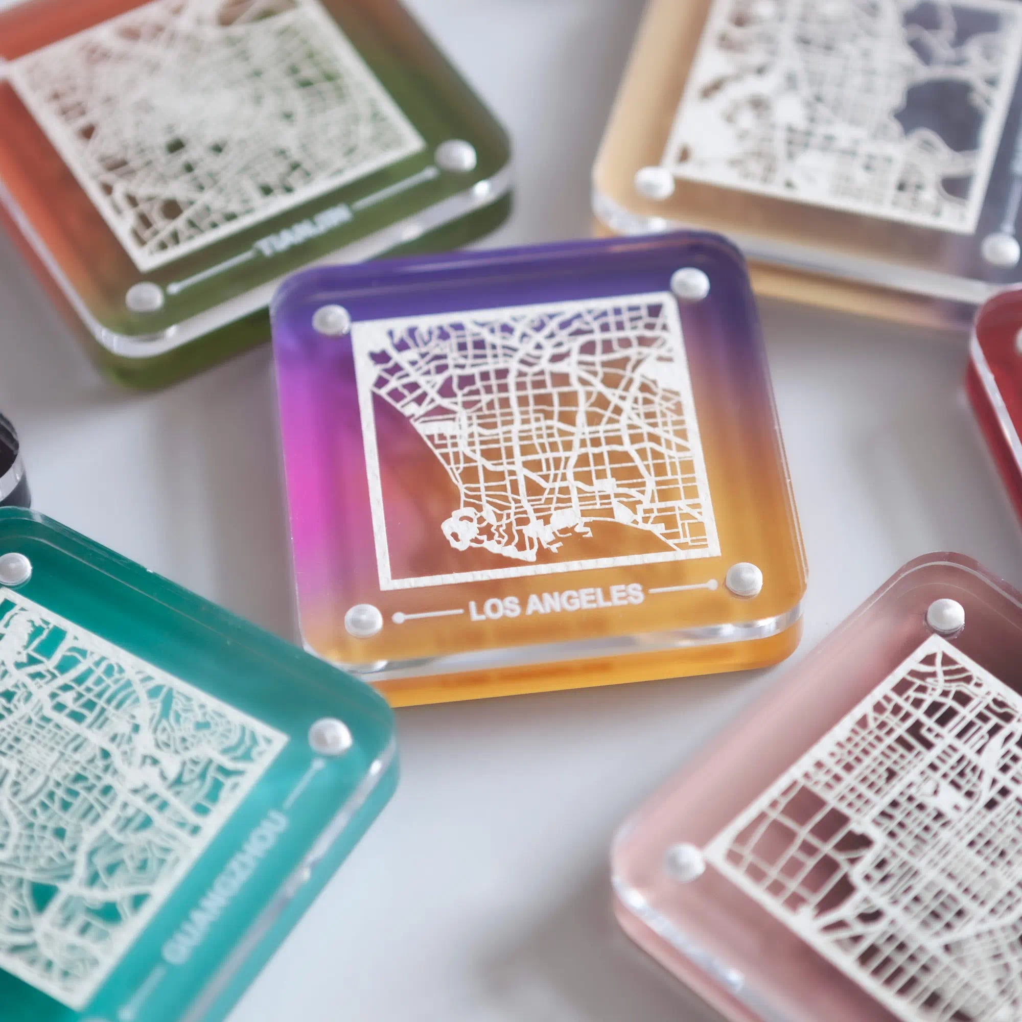 o3designstudio Los Angeles paper-cut city map fridge magnet, gradient acrylic frame, delicate hollow street map travel souvenir- FM1001