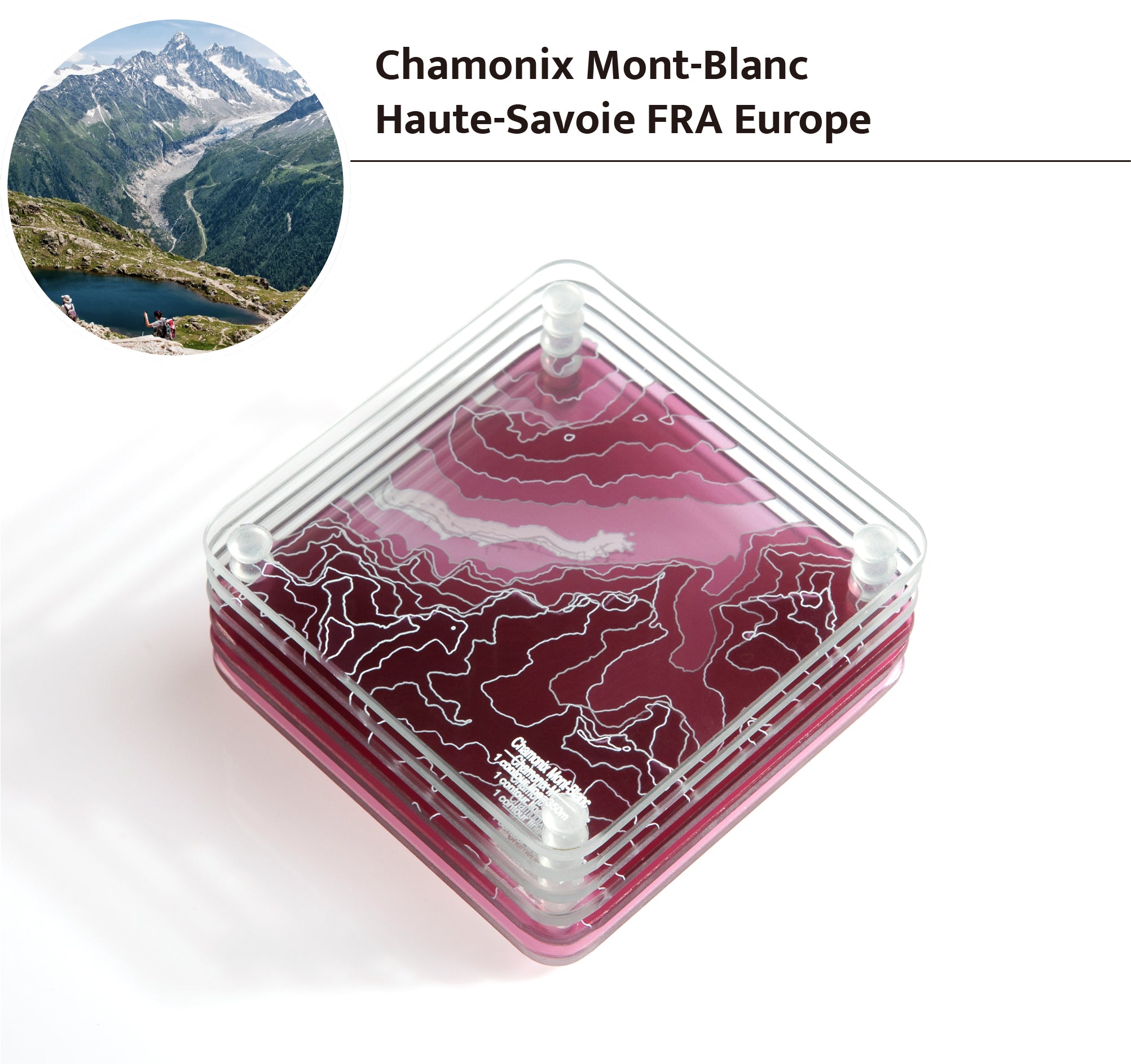 3D Contour Map Glass Drink Coasters of Mountains, Ski Resort, set of 6