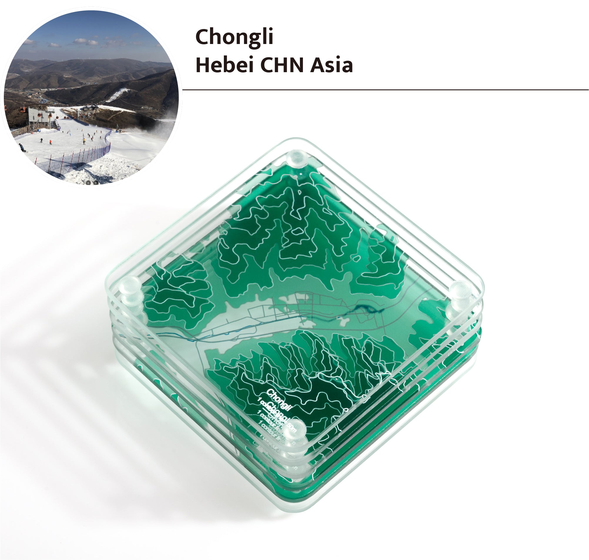 3D Contour Map Glass Drink Coasters of Mountains, Ski Resort, set of 6