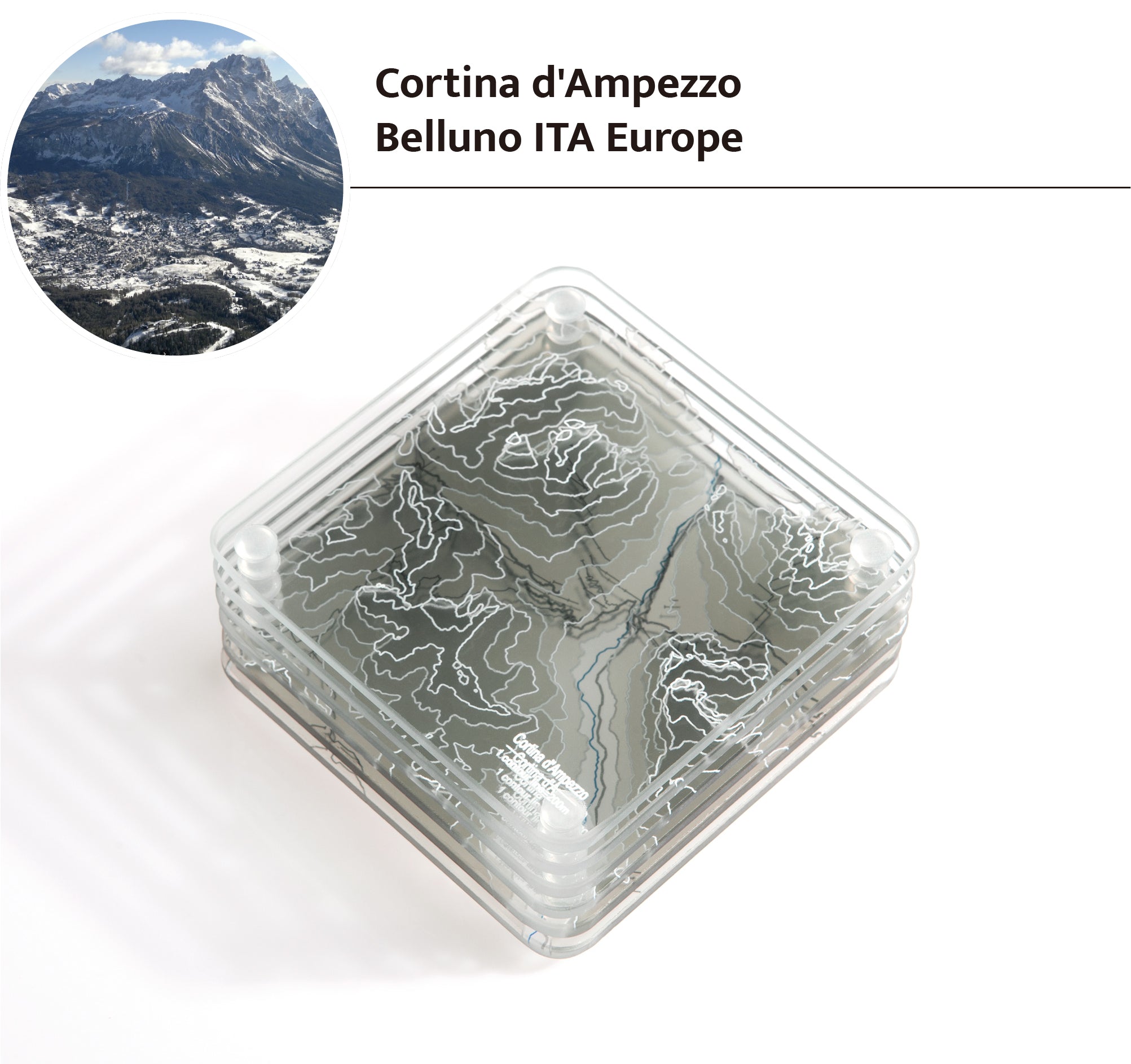 3D Contour Map Glass Drink Coasters of Mountains, Ski Resort, set of 6