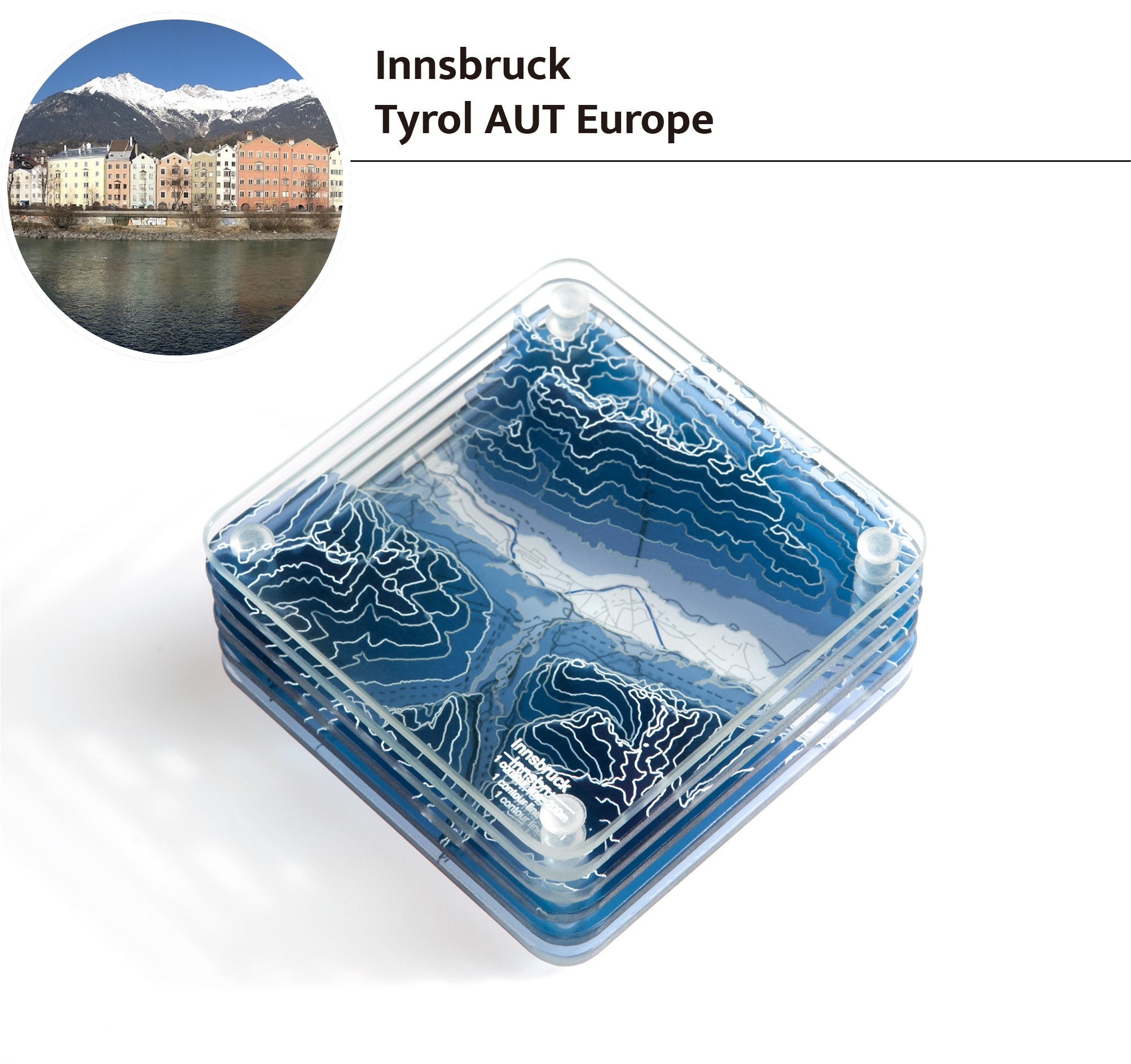 3D Contour Map Glass Drink Coasters of Mountains, Ski Resort, set of 6