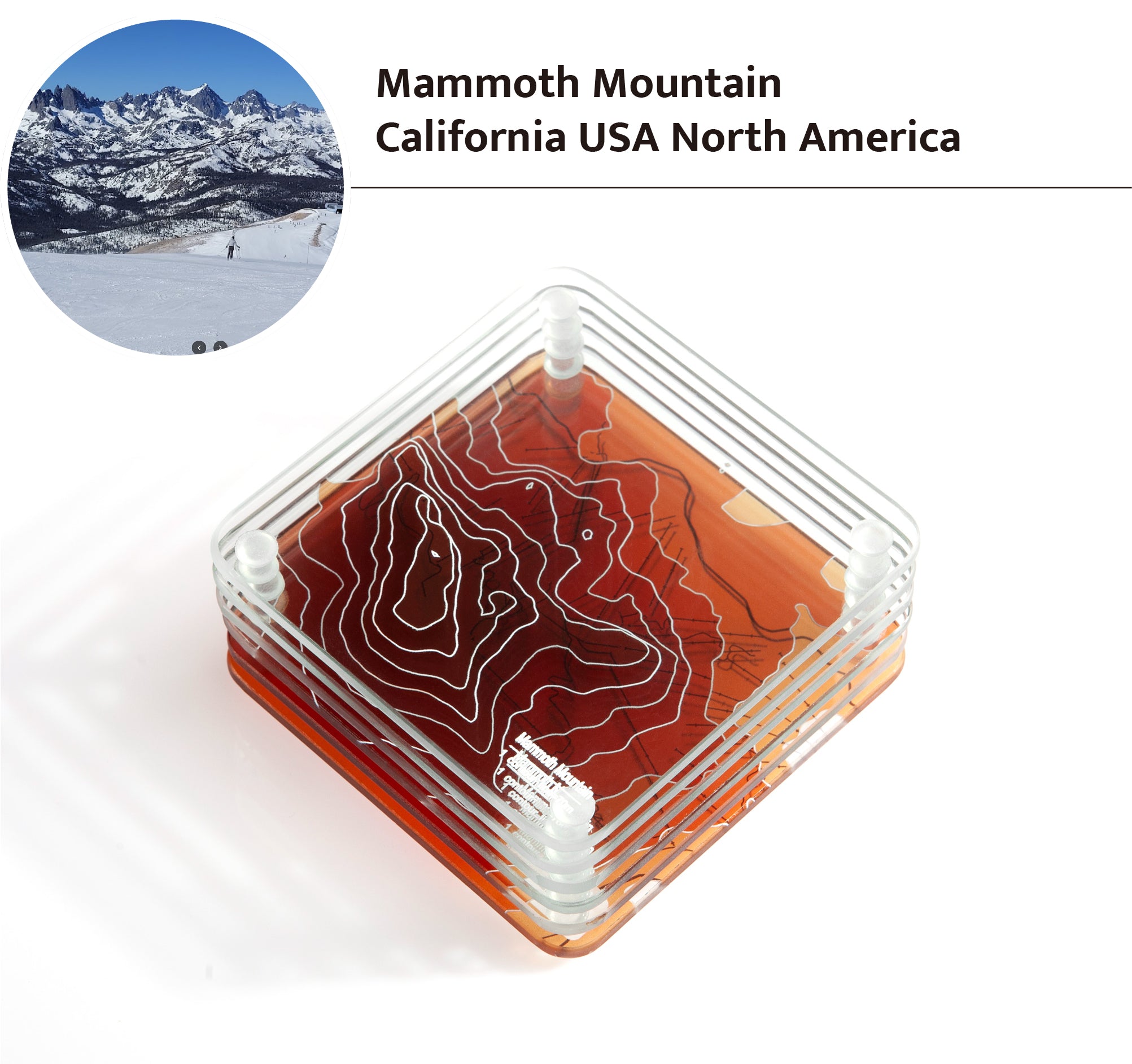 3D Contour Map Glass Drink Coasters of Mountains, Ski Resort, set of 6