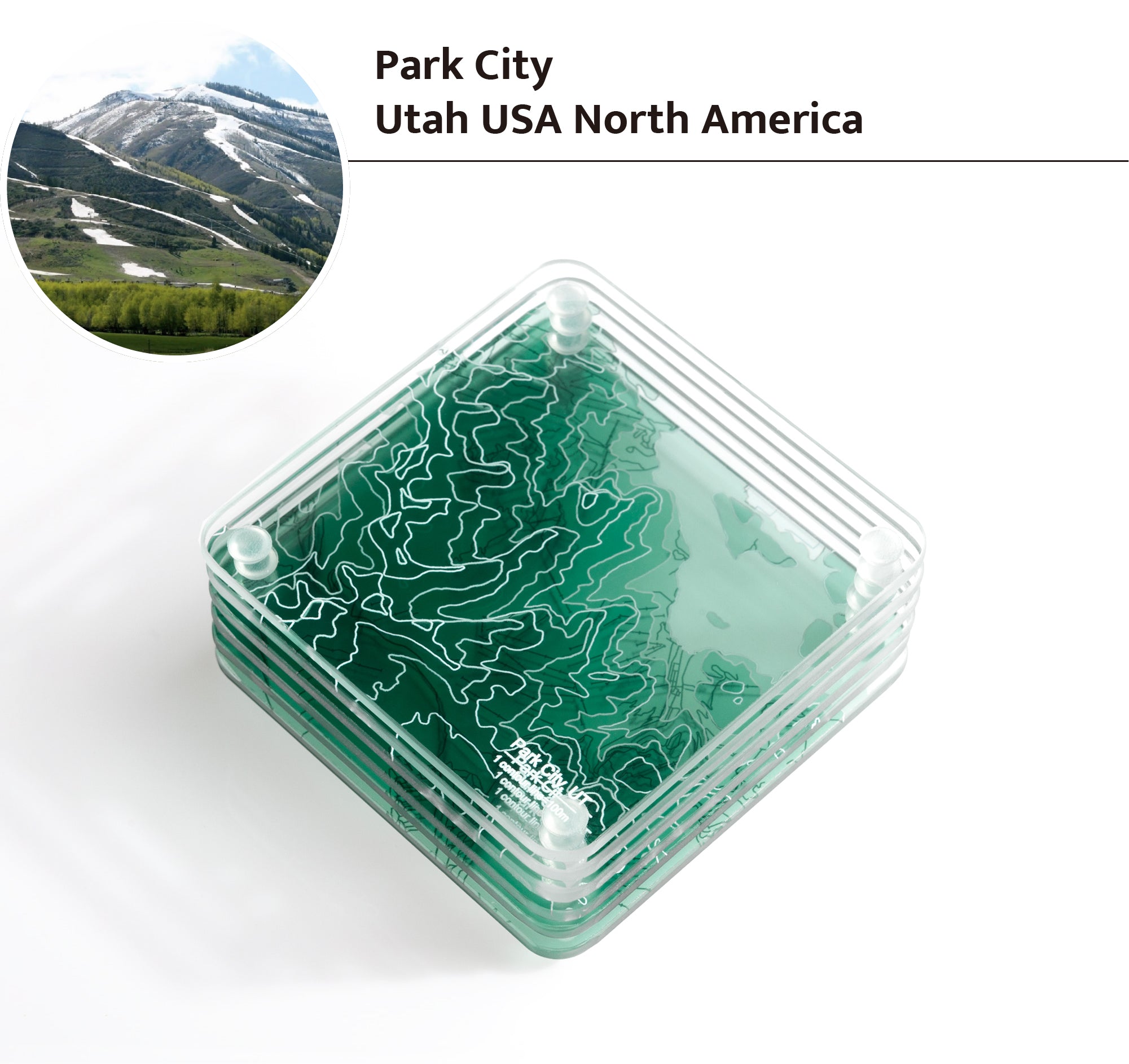 3D Contour Map Glass Drink Coasters of Mountains, Ski Resort, set of 6