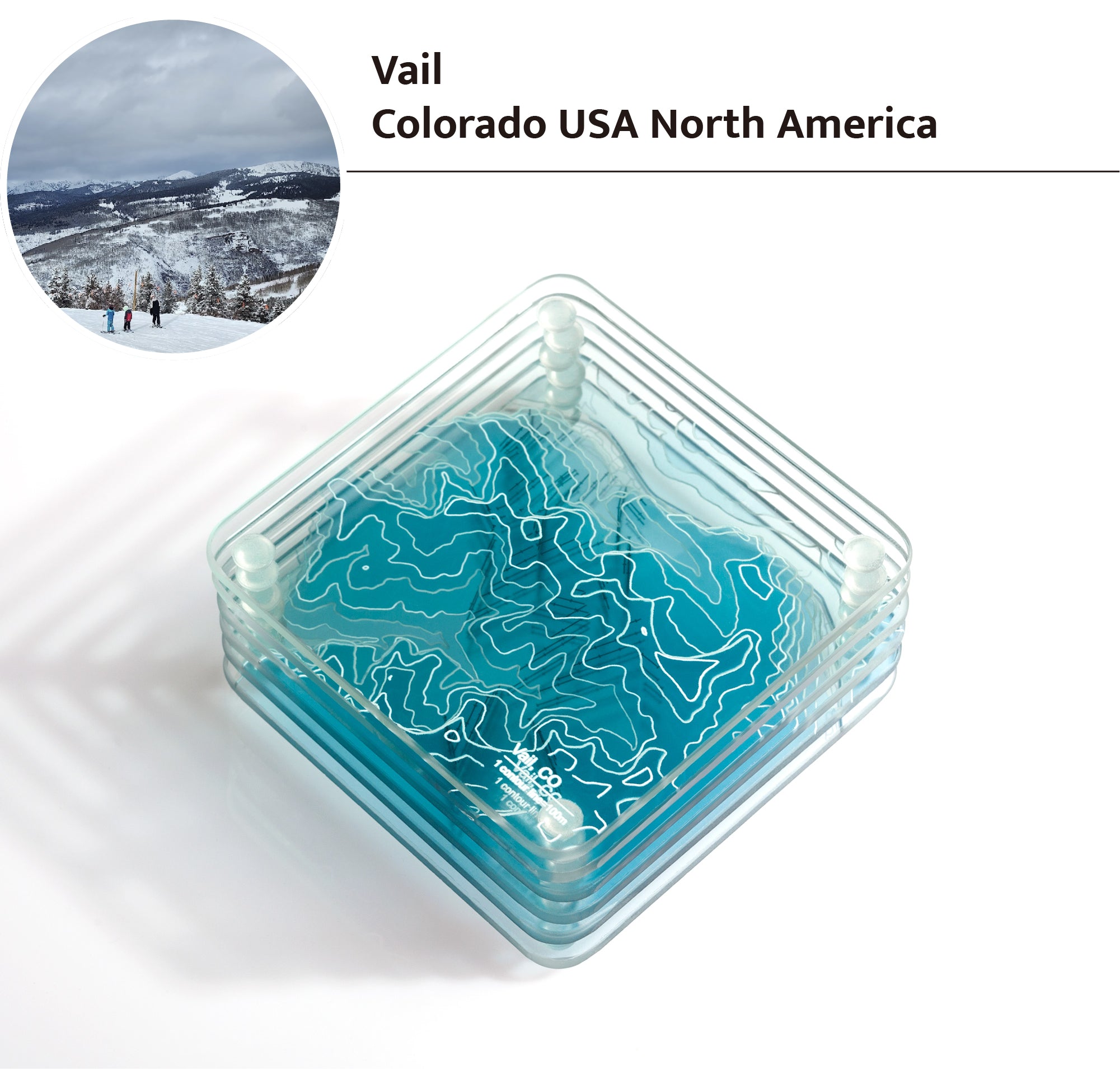 3D Contour Map Glass Drink Coasters of Mountains, Ski Resort, set of 6