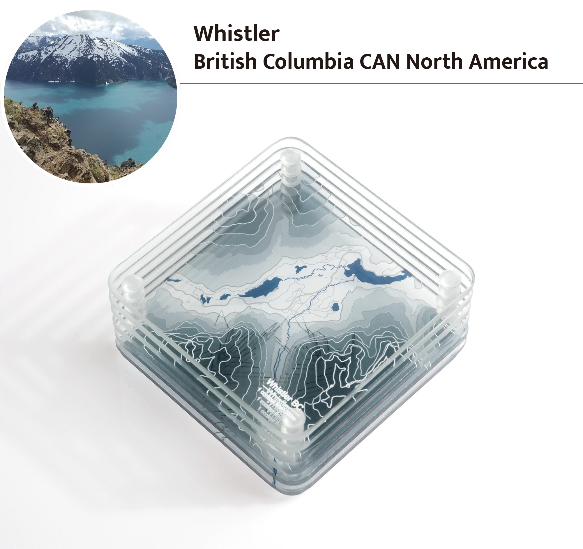 3D Contour Map Glass Drink Coasters of Mountains, Ski Resort, set of 6