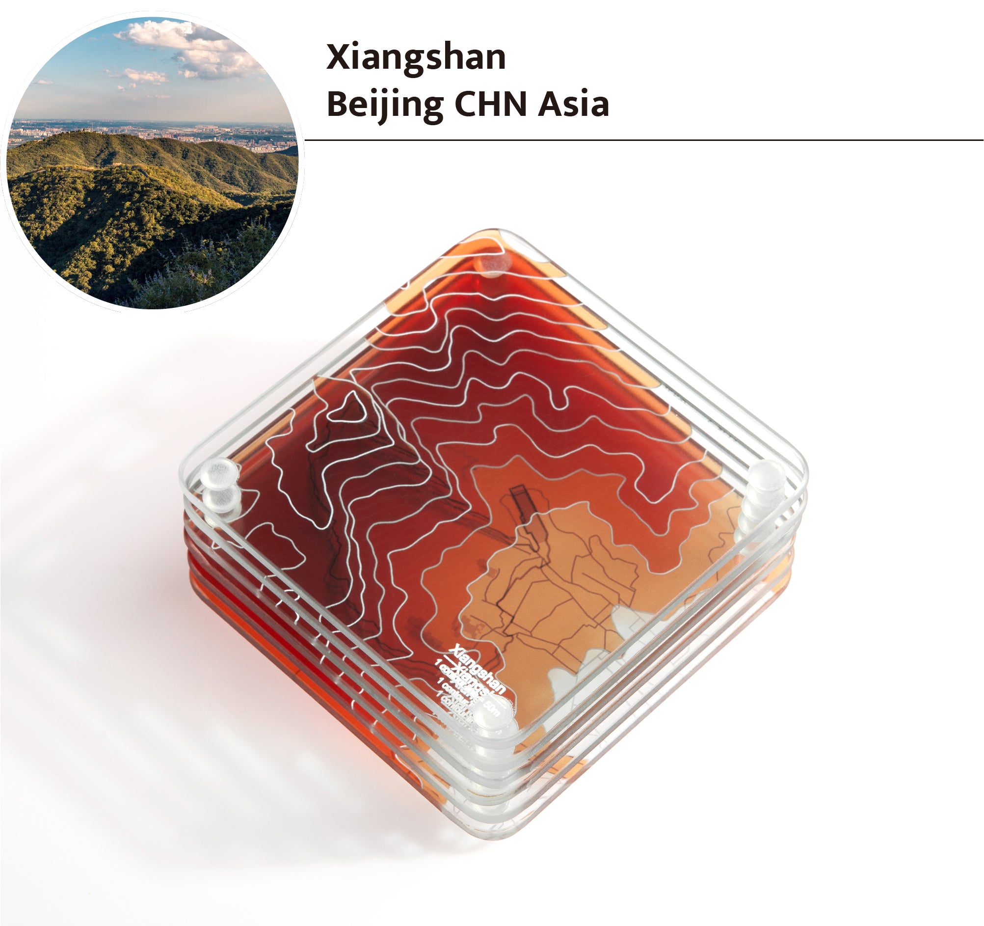 3D Contour Map Glass Drink Coasters of Mountains, Ski Resort, set of 6