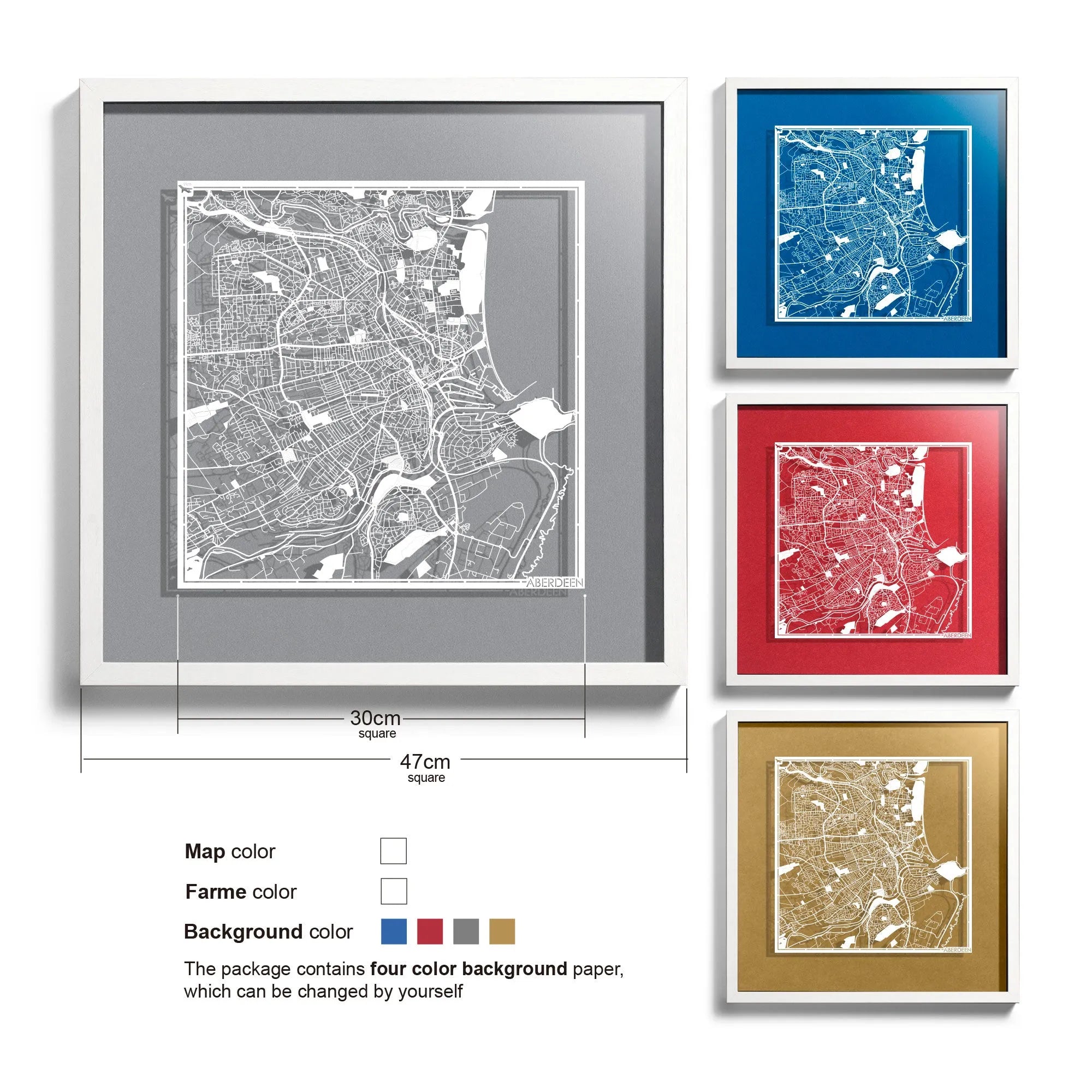 o3designstudio Aberdeen-Paper-cut-map-framed-18-inch-45MF3061WW