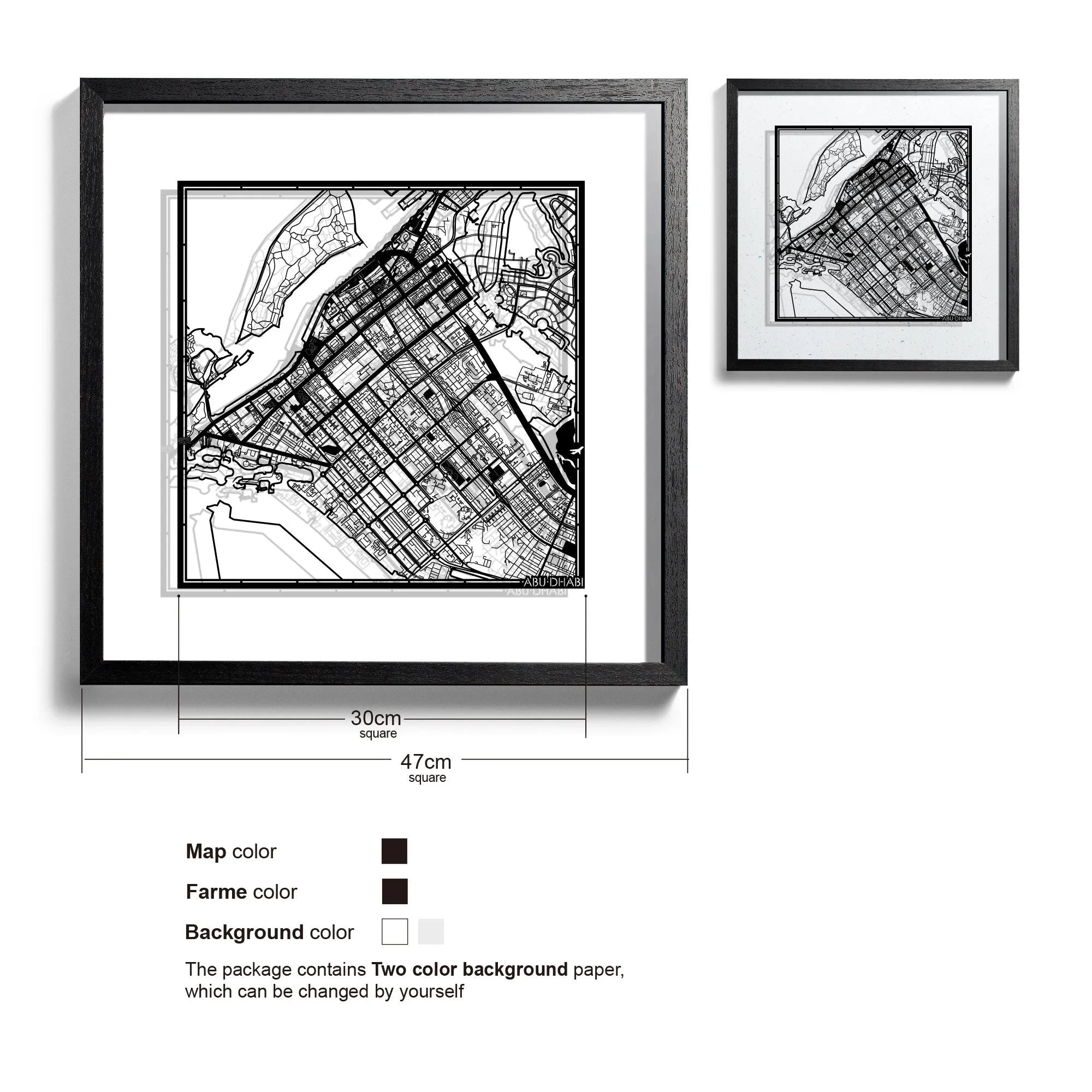 o3designstudio-Abu Dhabi-Paper-cut-map-framed-18-inch-Black map / Black frame-45MF1019BB