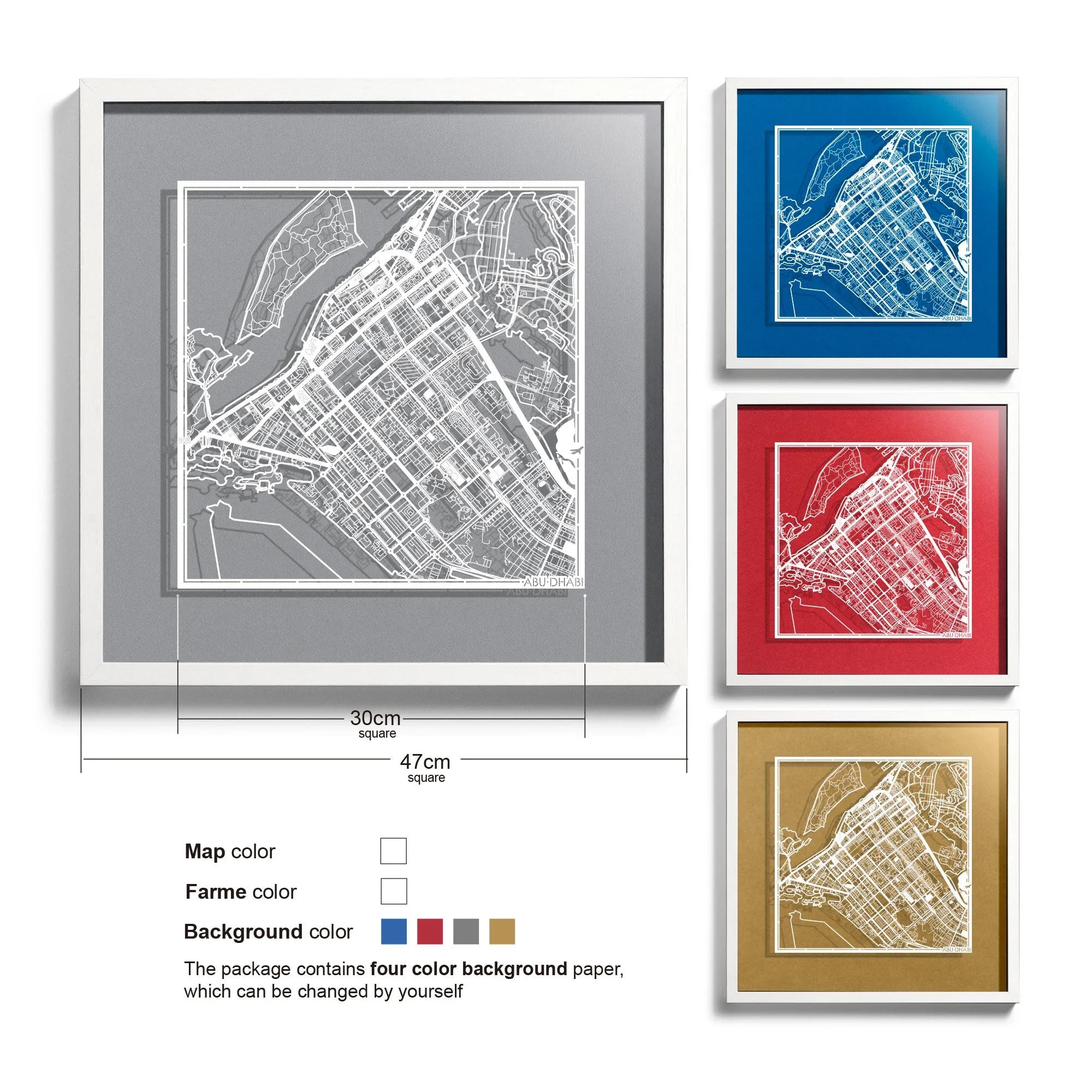 o3designstudio-Abu Dhabi-Paper-cut-map-framed-18-inch-White map / White frame-45MF1019WW