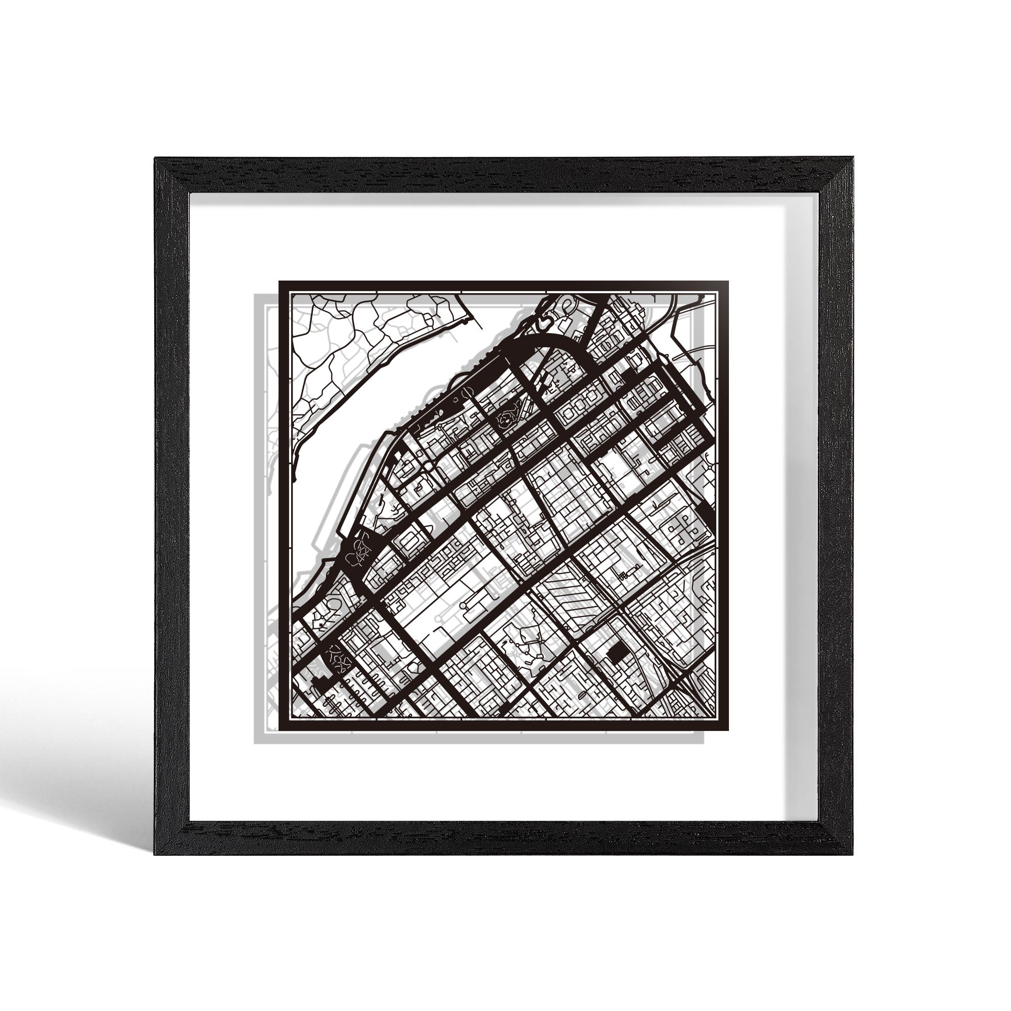 o3designstudio Abu Dhabi Paper cut map framed 9 inch Black map Black frame map art 22MF1019BB